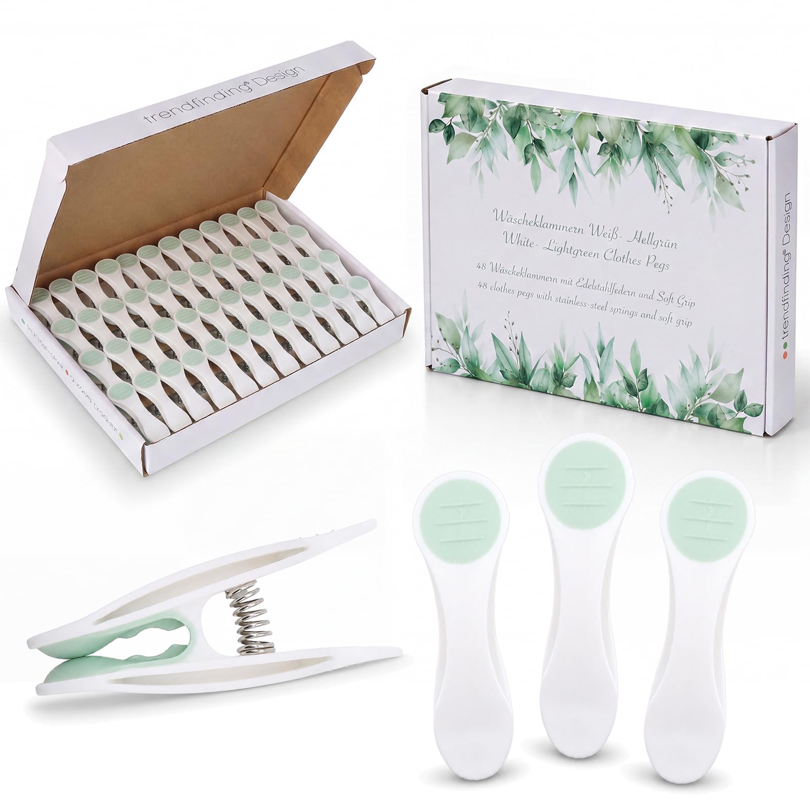 48 Clothes Pegs with Springs Made of Stainless Steel, Soft Grip, Soft Touch - White and light green
