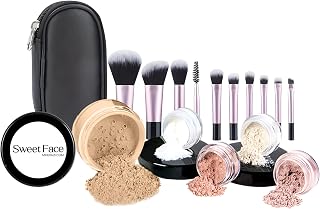 16pc Beginner Mineral Makeup STARTER KIT with 10 BRUSH SET (5gm) Sample Size Foundation, Primer, Blush, Bronzer, Setting Powder for Learning, Occasional Use & First Time Users, Travel Size Kit (Warm)