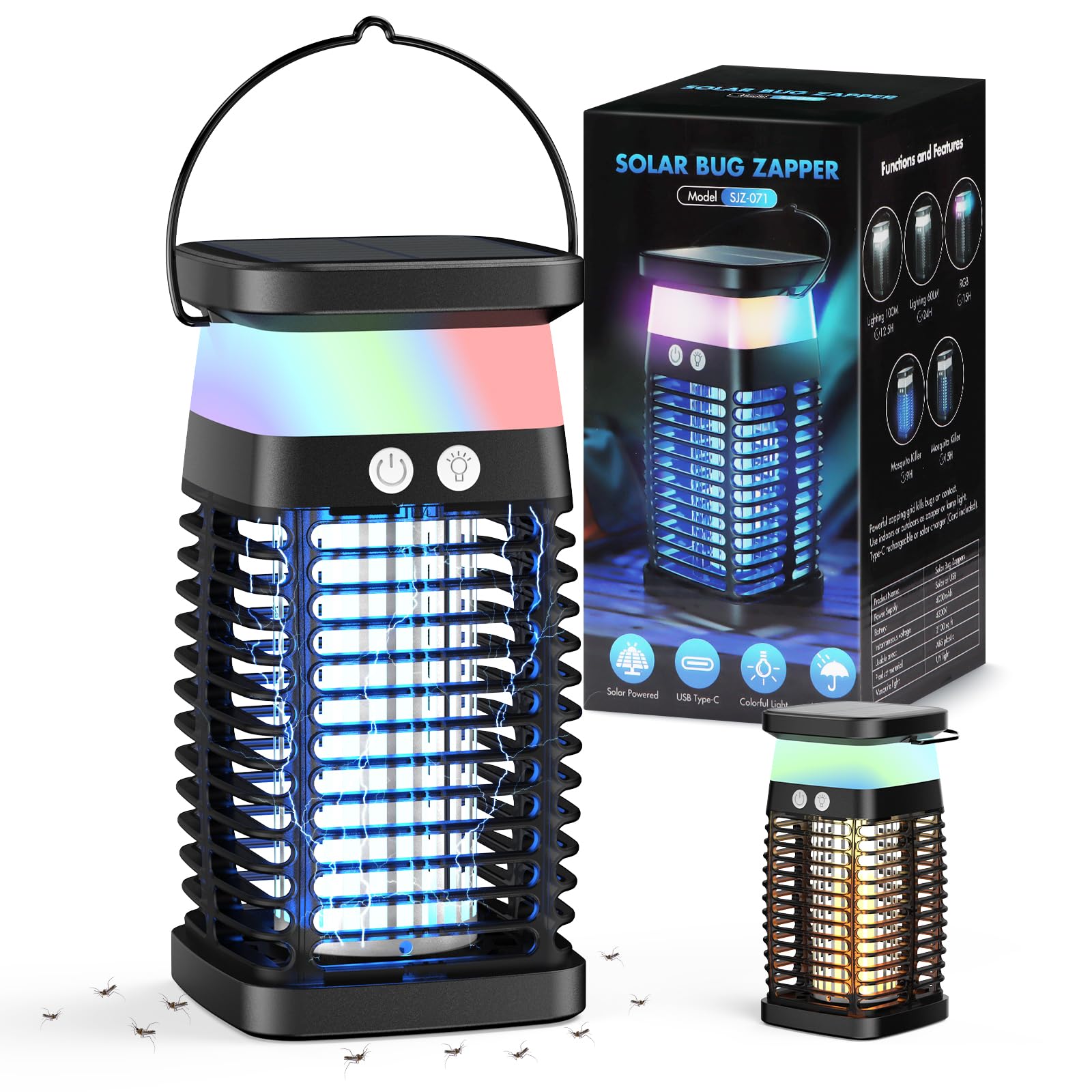 Qoosea Anti-Moustique Solaire Électrique, Lampe Tue-Moustiques avec Grille 4200V Recharge USB-C Batterie 4000mAh IP65 Étanche Piège à Insectes pour Maison Cuisine Chambre Jardin Intérieur et Extérieur