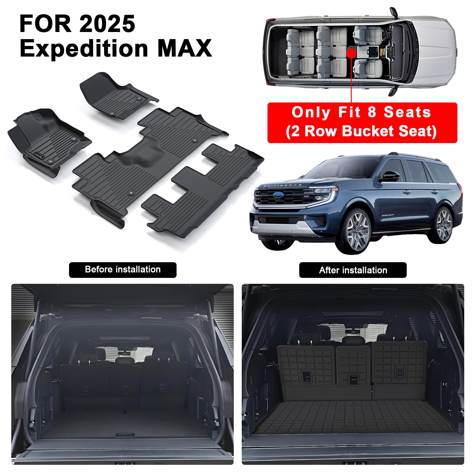 AltraVos Floor Mats for 2025 Ford Expedition MAX 8 Seats 2nd Row Bench Seat Floor Liner Cargo Mat — view 2