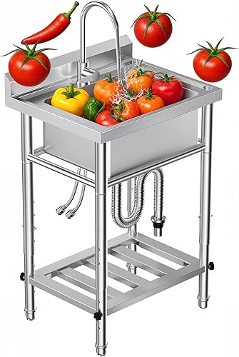 Fregadero utilitario compacto de 23 pulgadas de ancho de acero inoxidable 188 con 4 alturas ajustables y giratorio de 360 sin plomo, grifo sin