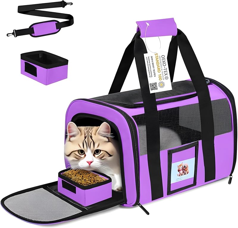 17" Airline Approved Cat Carrier for Cats up to 15lbs, Purple | TSA compliant fits under seat, soft-sided lightweight, 4-side breathable mesh,collapsible food bowl for travel