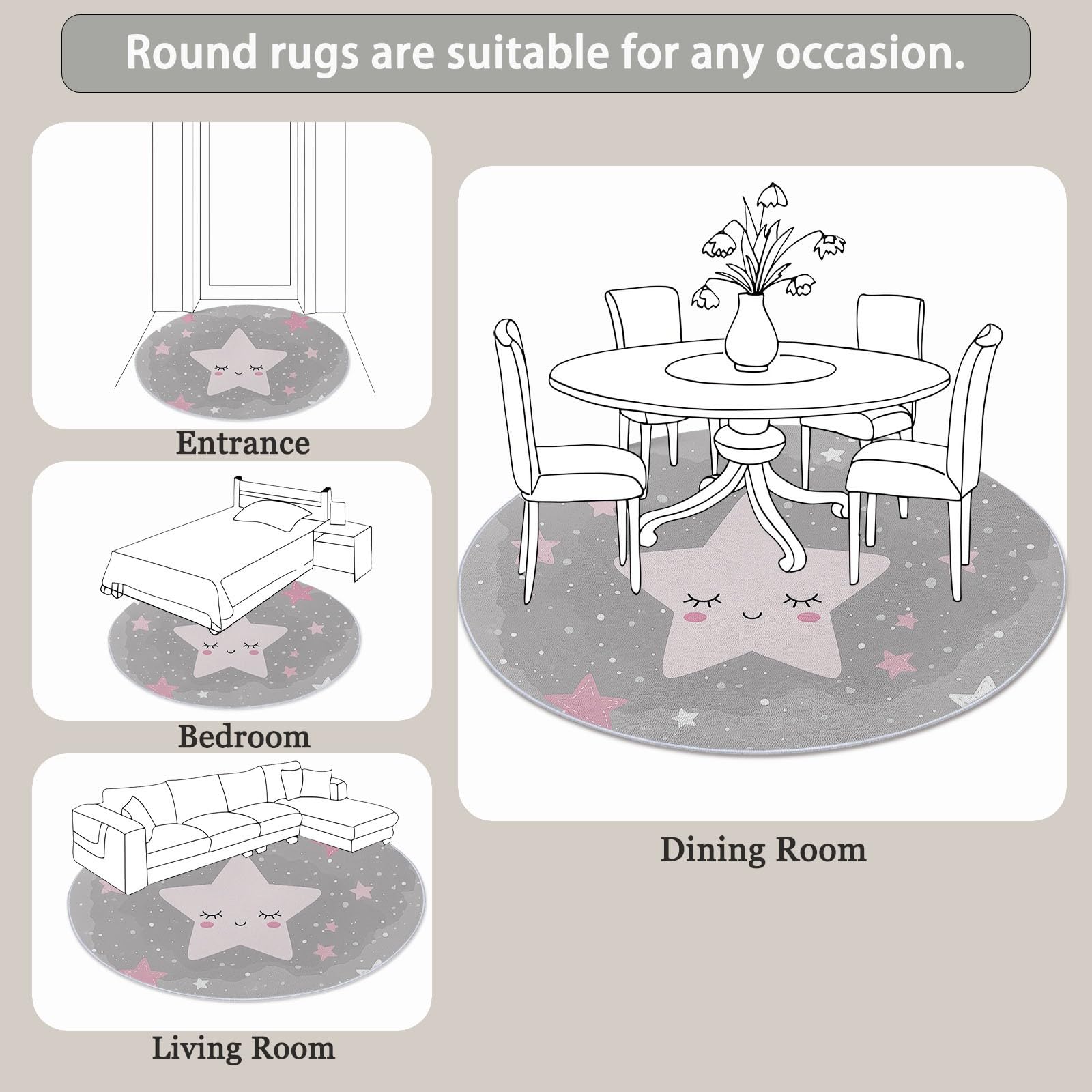 Generisch Teppich Wohnzimmer Rund 120 cm, Teppich Schlafzimmer Grau Rosa Kurzflor Wohnzimmerteppich Niedliche Cartoon-Sterne, Waschbar rutschfest Rund für Wohnzimmer Schlafzimmer Esszimmer