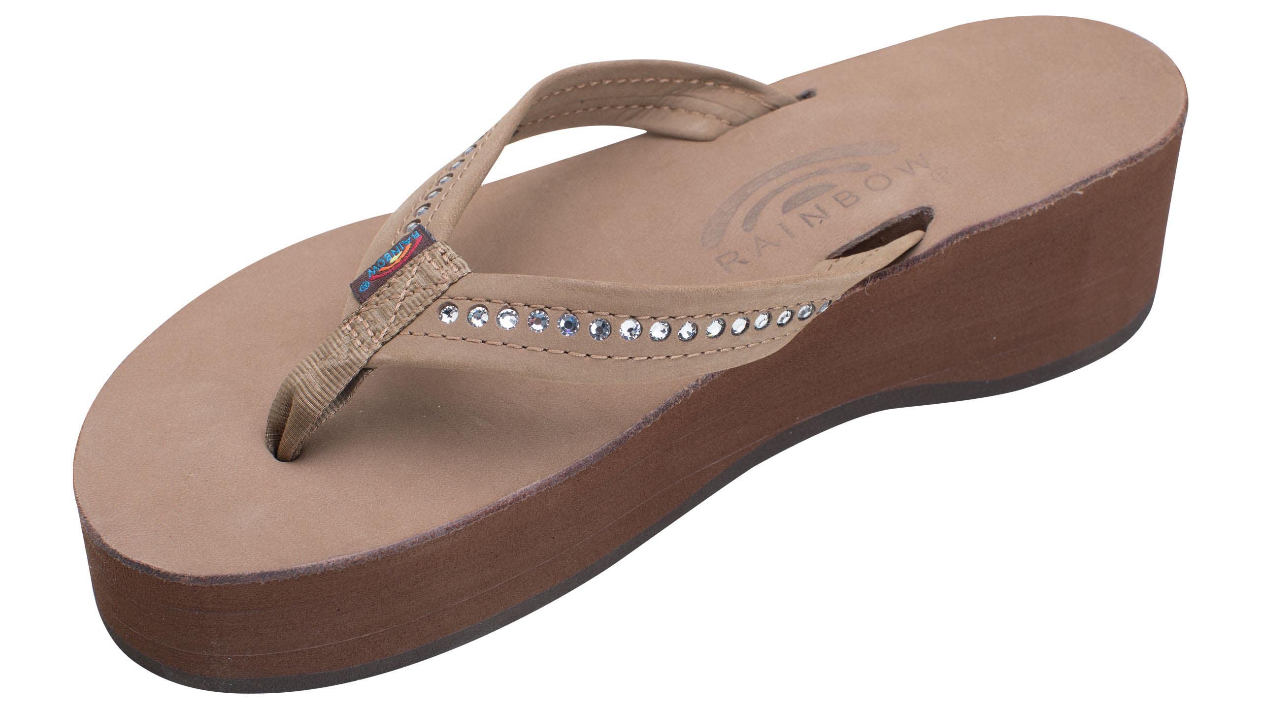 Rainbow Sandals Women's Six Layer Leather Wedge - 3/4" Strap w/Swarovski Crystals (Ladies 10/9.5-10.5 B(M) US, Dark Brown)
