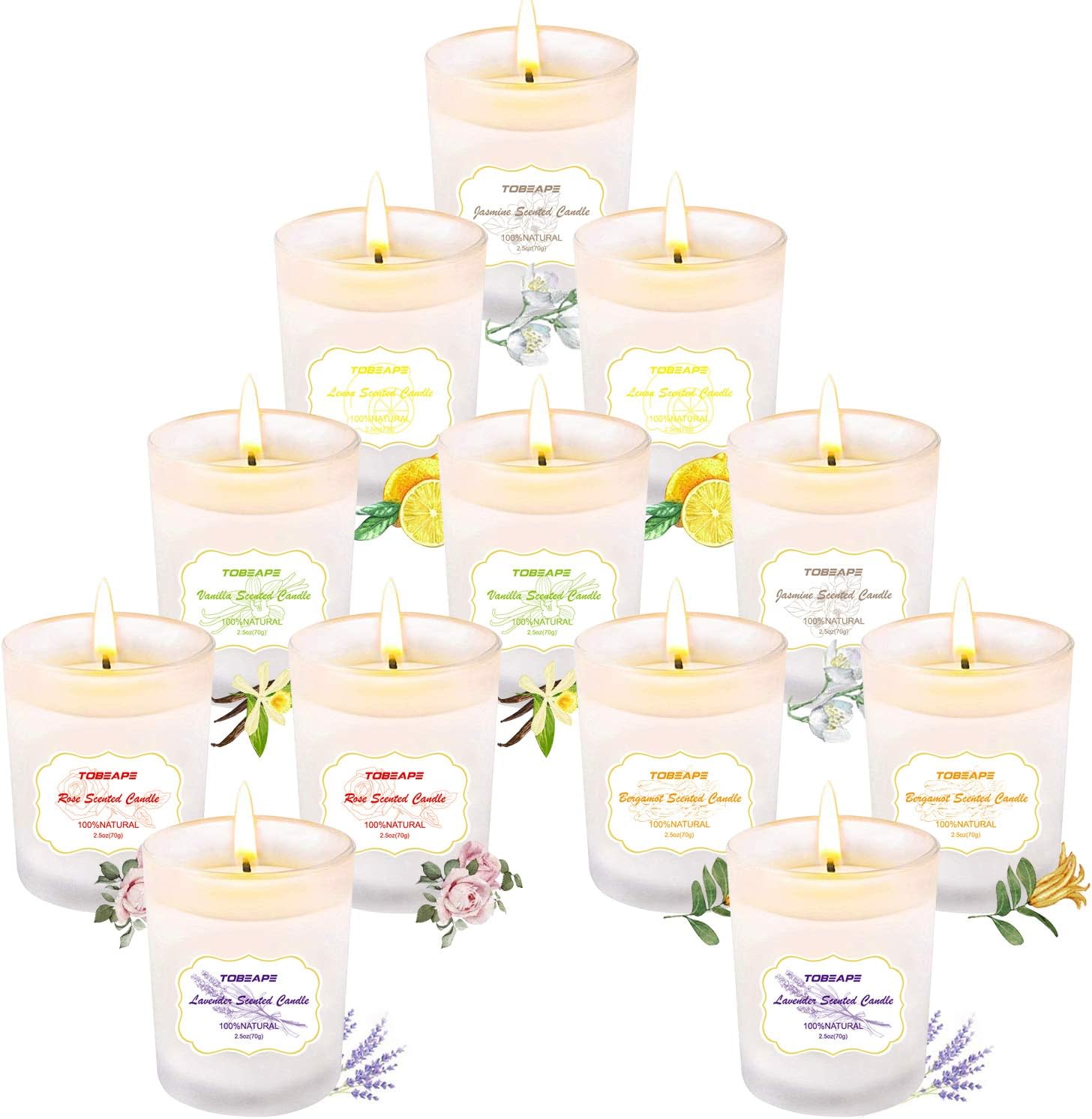 Tobeape® Scented Candles Gift Set, Natural Soy Wax 2.5 Oz Portable White Frosted Glass Candles, Aromatherapy Candles with Strongly Fragrance Essential Oils for Stress Relief -12 Pack