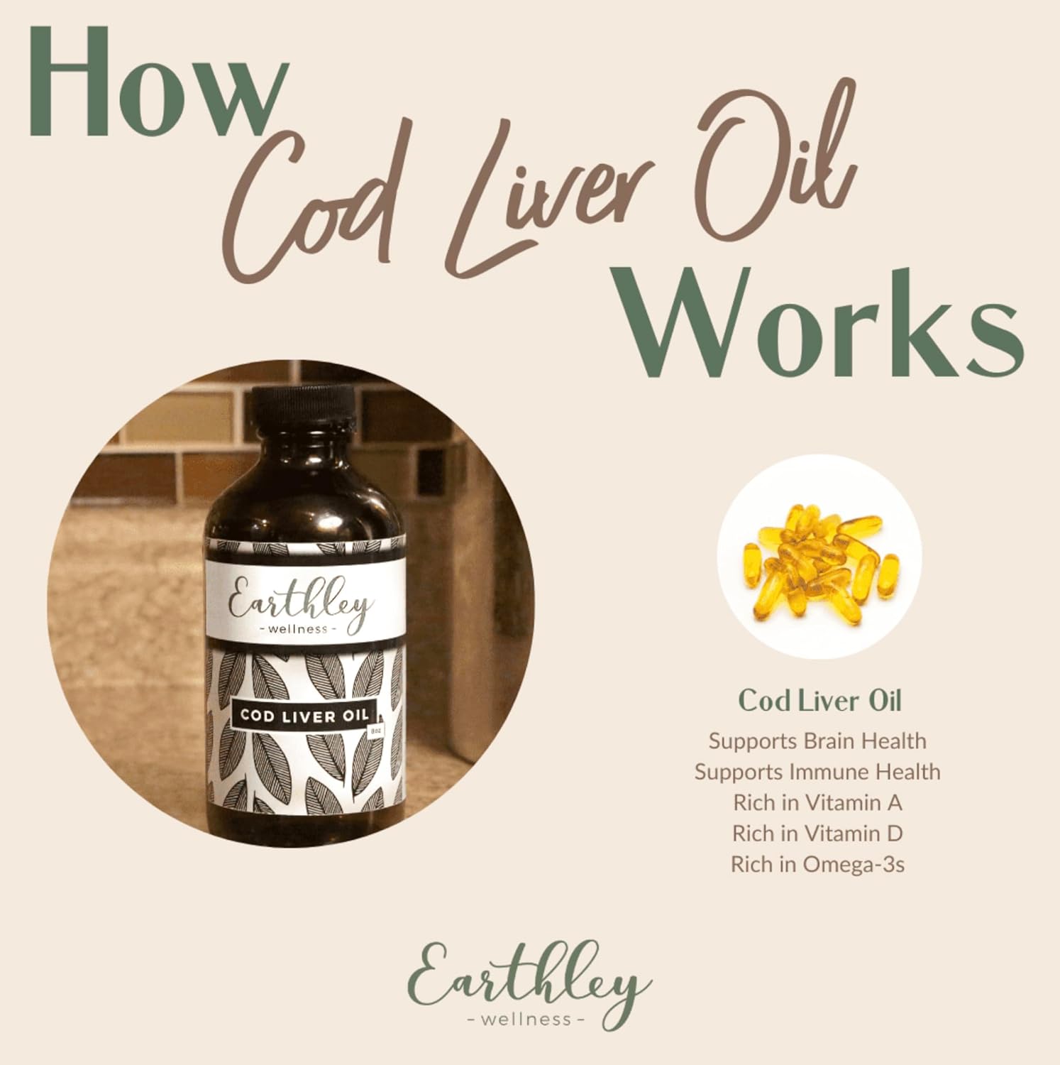 Earthley Wellness Cod Liver Oil – Natural Source of Vitamins A & D, Omega-3 Fatty Acids, Immune & Brain Health Support, Line-Caught Cod, Non-GMO, (8oz Cod Liver Oil)