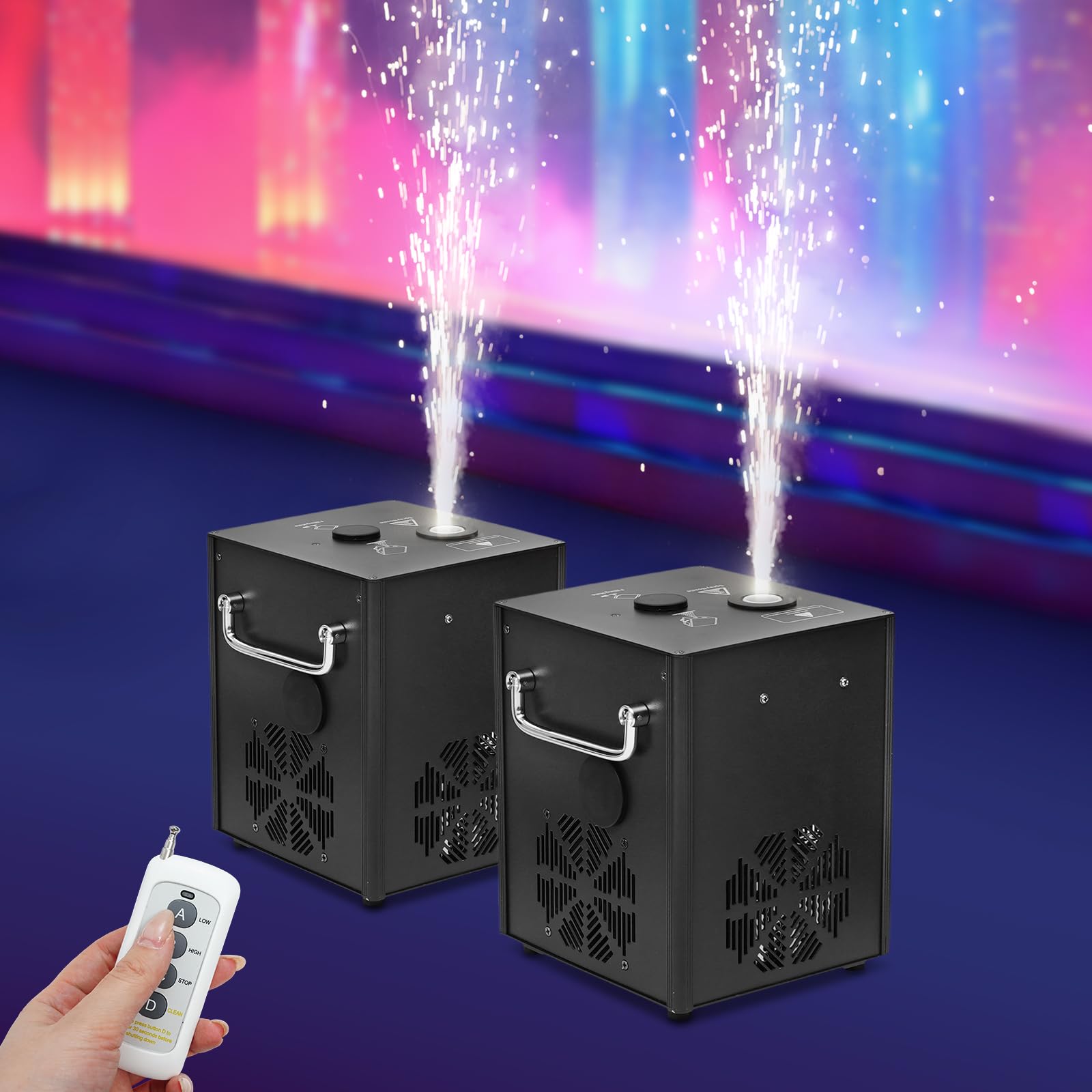 Set di 2 macchine pirotecniche con valigetta, 750 W, fuochi d'artificio freddi, DMX512 e telecomando, macchina da palcoscenico regolabile in altezza per matrimoni, feste, DJ, concerti, colore nero