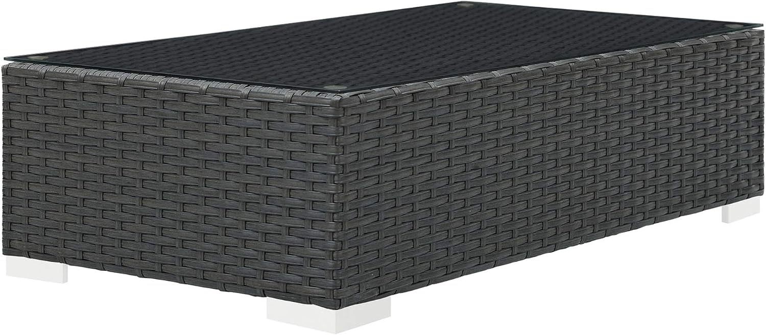 Ergode Endeavor Outdoor Coffee Table | Waterproof Black Aluminum Legs | Designer Gray Synthetic Rattan | Easy-to-Clean Tempered Glass Top | Premium Lounge Experience (EEI-1852-CHC-VV)