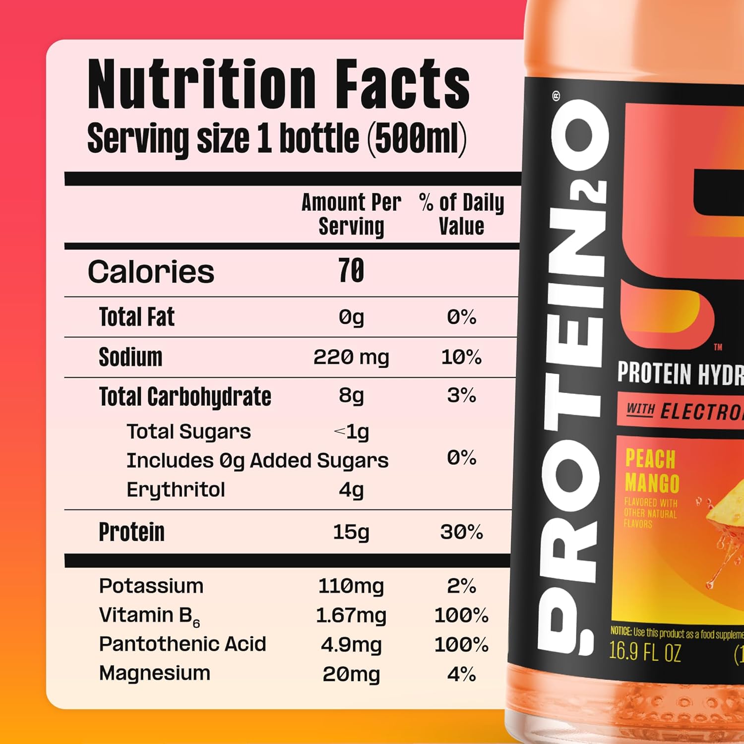 Protein2o 15g Whey Protein Infused Water,Peach Mango,16.9 Oz Bottle,(Pack of 24)