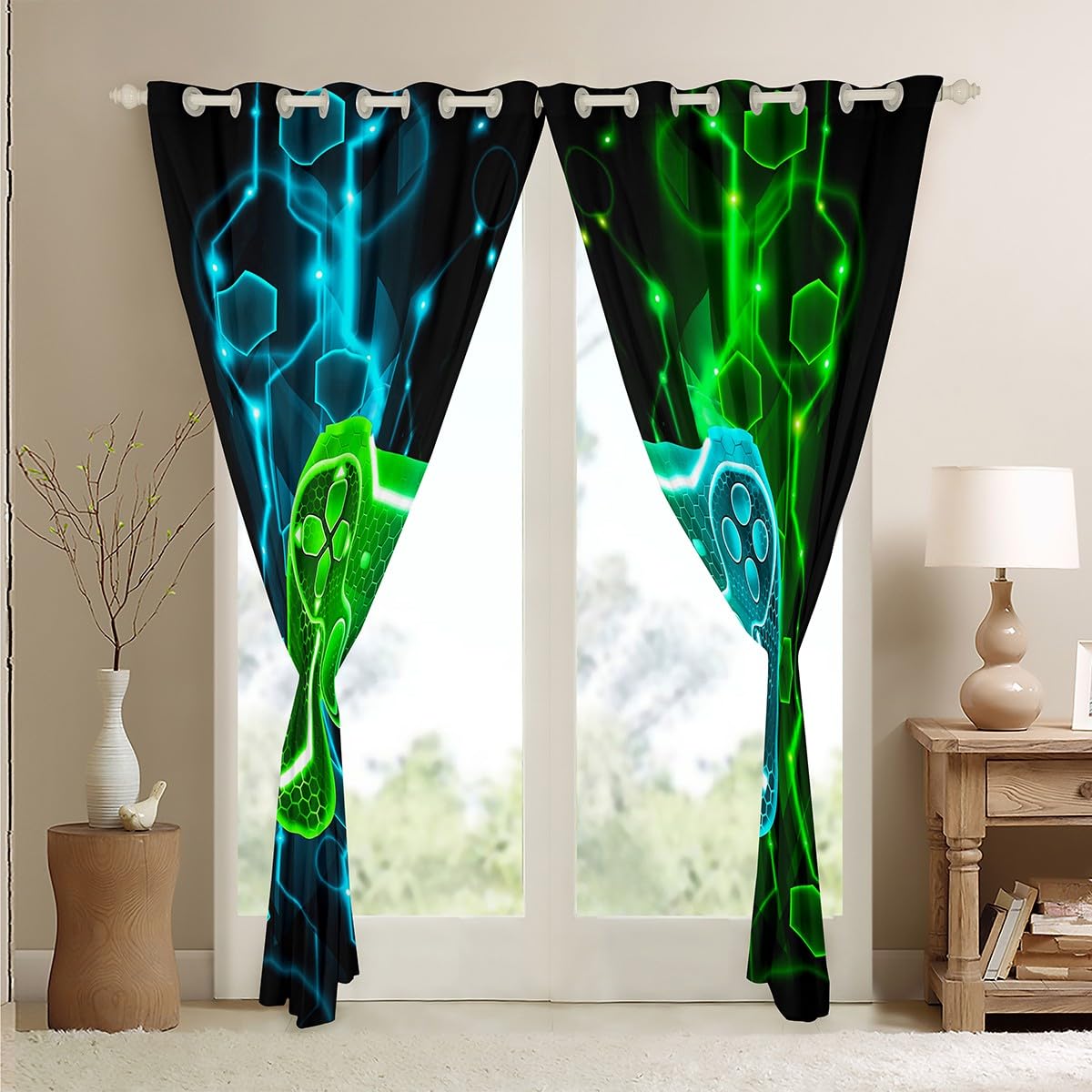 Homemissing Kids Gamer Curtains for Bedroom Game Controller Darkening Drapes W66*L72 Boys Gaming Gifts 30%-50% Blackout Curtains Gamepad Pattern Green Teal Blue Window Treatments - Image 4