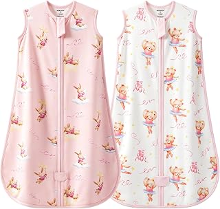2er Pack Baby Schlafsack Sommer 0.5 Tog,Baumwolle Kinder Sommerschlafsack für Jungen und Mädchen, Rosa,0-6 Monate