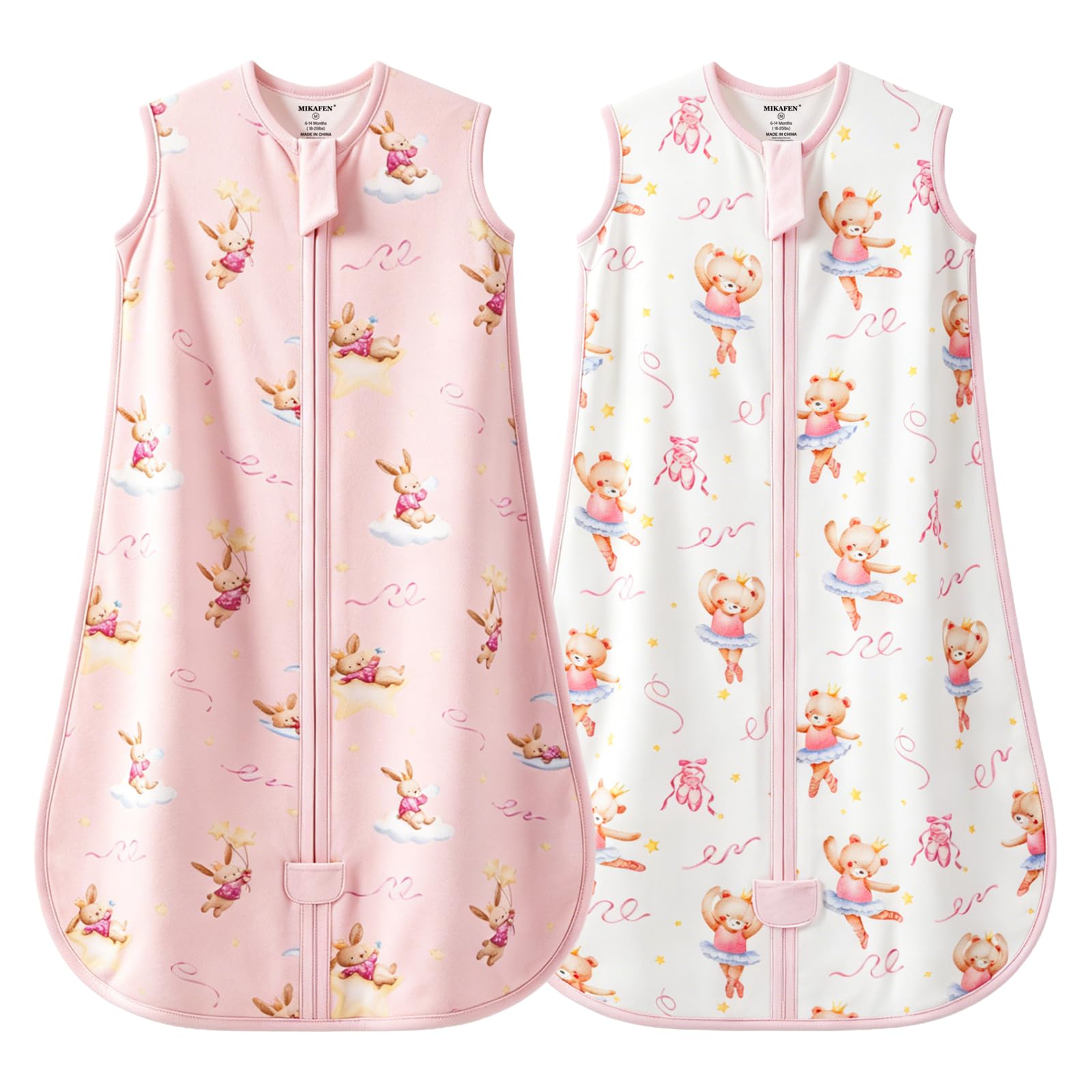 Confezione da 2 Sacchi Nanna Estivi per Bambini 0,5 Tog, Cotone Sacco Nanna Estivo per Bambini per Ragazzi e Ragazze, Motivo rosa: orsetto e coniglietto, 6-14 Mesi