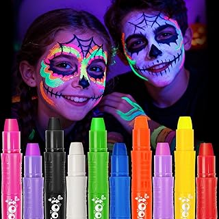 Halloween Face Paint Sticks Glow in the Dark under Black Light, 10 Colors UV Face Painting Kit for Kids Adults, Washable Mess-Free Neon Body Paint Crayons for Glow Party Supplies Cosplay