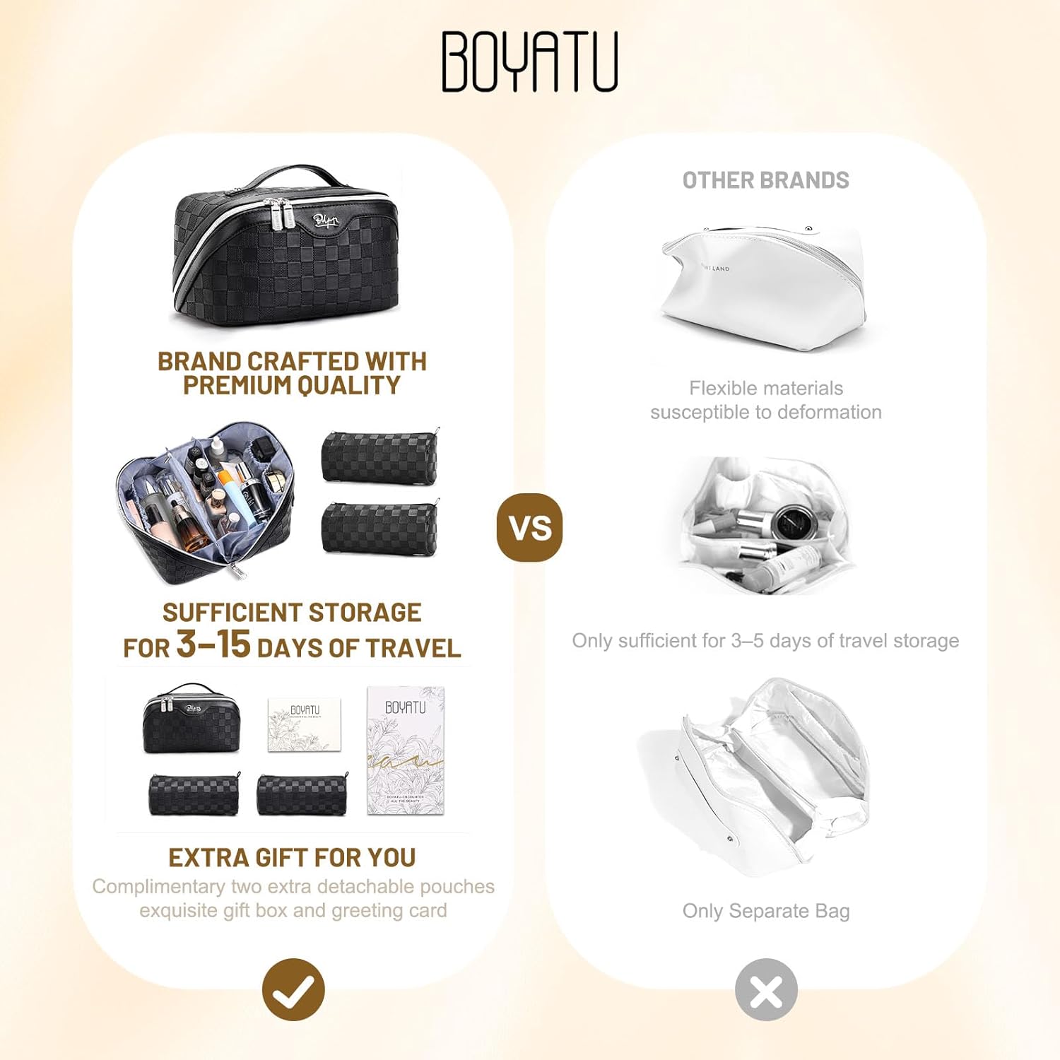 BOYATU Travel Makeup Bag Organizer: 3 Pcs Set Large Capacity Cosmetic Bags Holds 10–20 100ml Full-Size Bottles for 3–15 Day Trips - 180°Open-Flat Make up Case 3-sec touch-up - Toiletry Bag Gift women