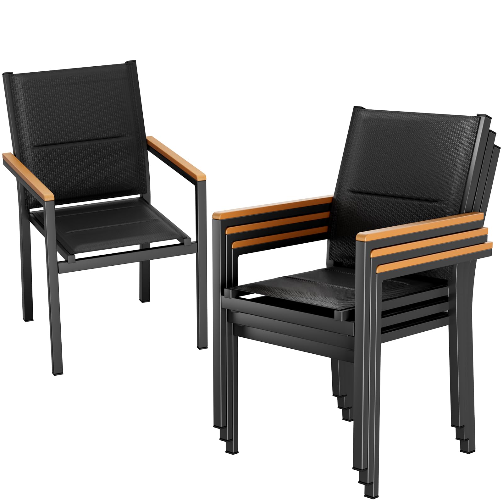 LIFERUN Lot de 4 chaises de jardin empilables en aluminium, avec dossier et assise matelassés, main courante en WPC, pour jardin, terrasse, balcon, piscine, restaurants, noir