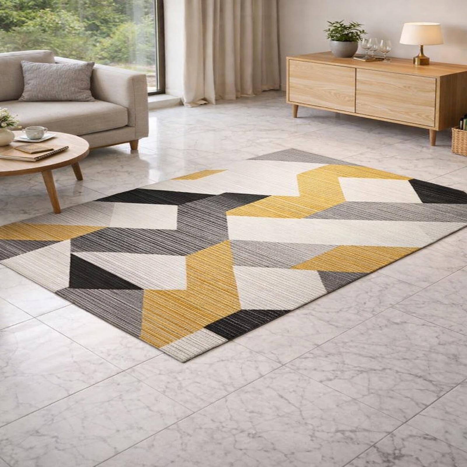 Tapis de salon moderne géométrique jaune et noir 150x150 cm lavable