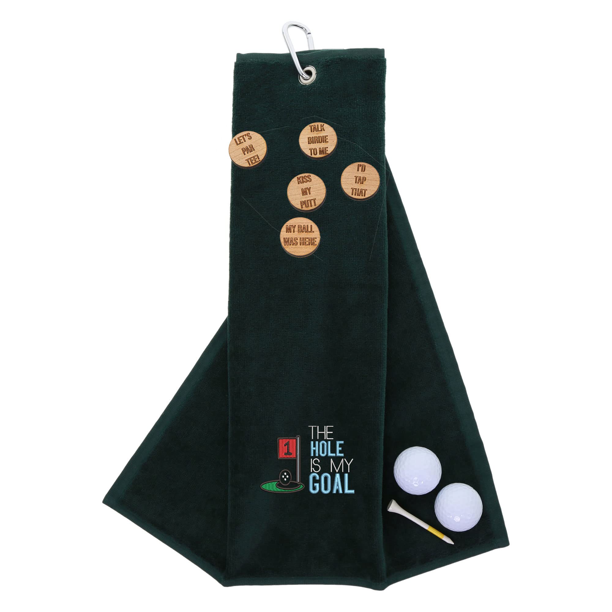 Funny Trifold Golf Towel and Comedy Wooden Ball Marker Set Gift for Men, Carabiner Clip for Golf Bags, Hole is my Goal, Forest