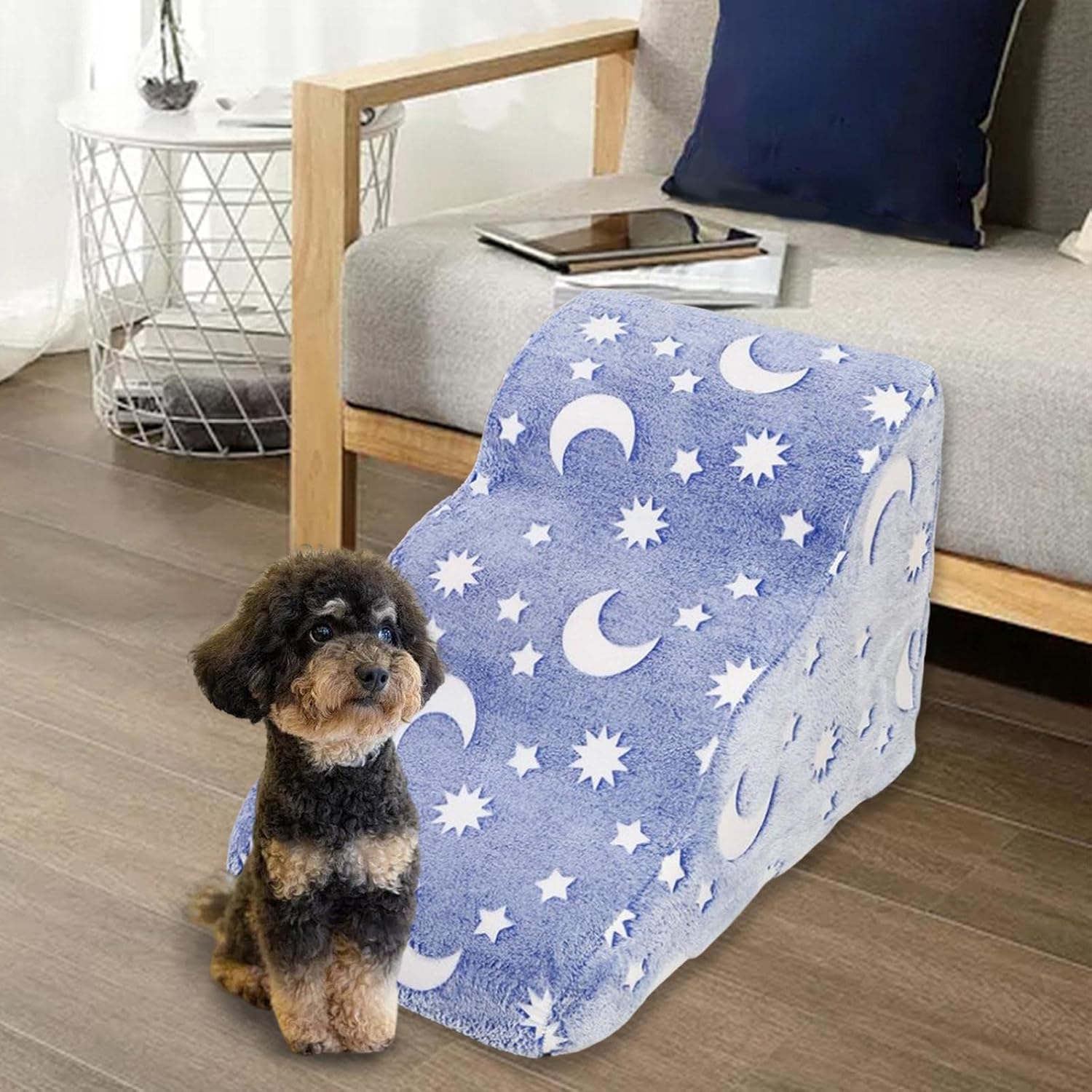 Dog Ladder Dog Stairs Puppy Cat Steps Anti Slip Bottom with Noctilucent for Sofa Bed Removable Cover and Machine Washable Detachable Pet Toy, Star Moon 58x38x38cm