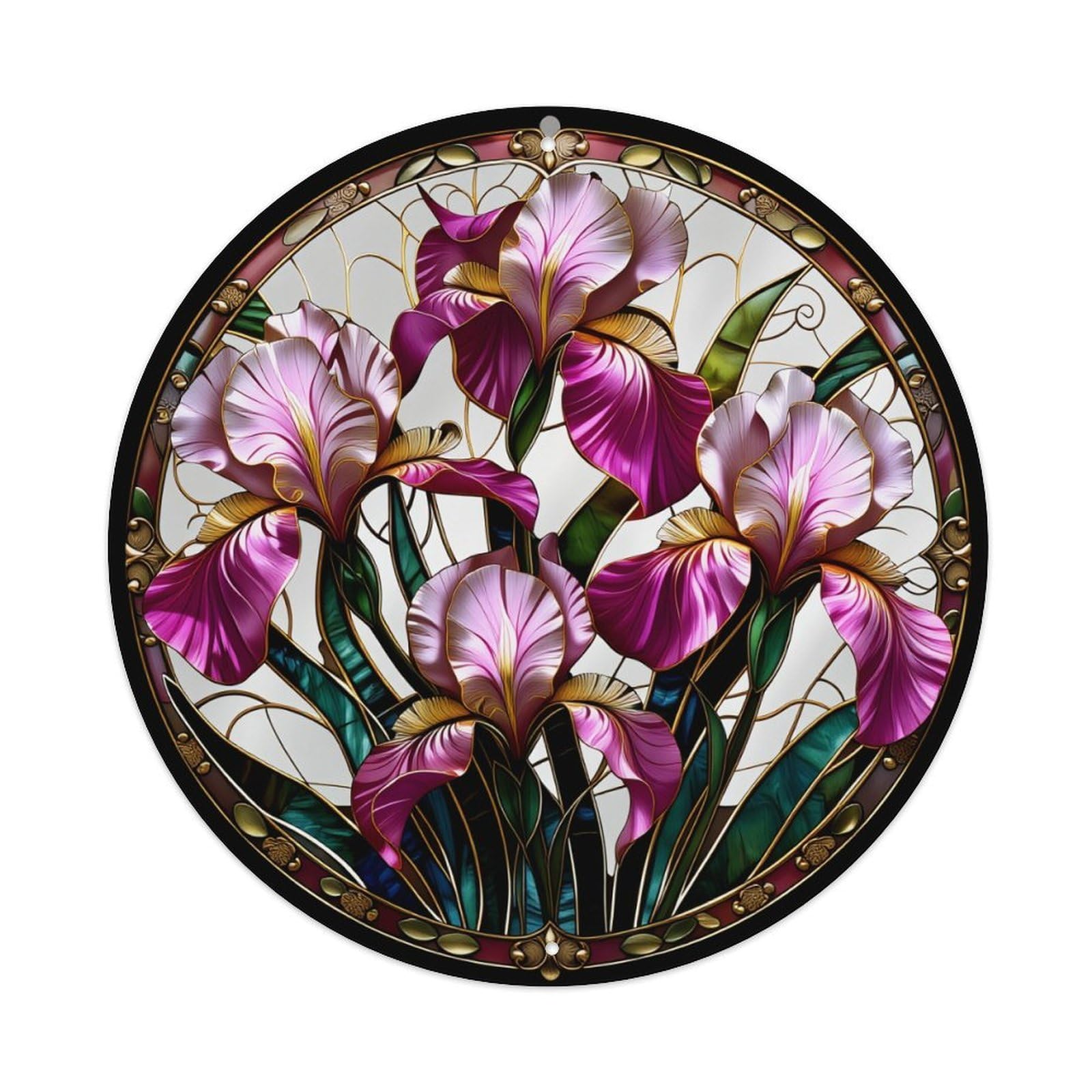 Stained Glass Iris Floral Design Round Tin Sign Vintage Metal Sign Home Bar Garden Indoor & Outdoor Wall Decor Retro Metal Poster 8x8 Inch