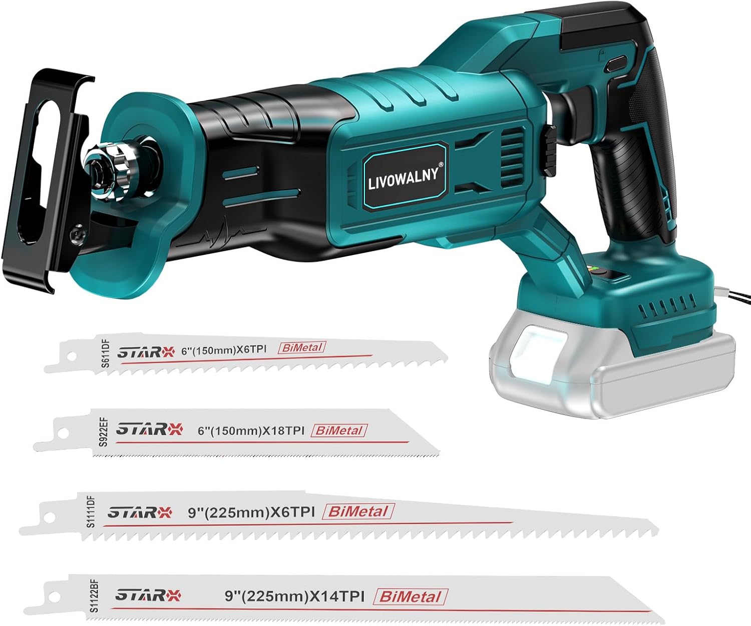 LIVOWALNY Akku Säbelsäge Kompatibel mit Makita 18V (Ohne Akku) - Reciprosäge Bürstenlos Motor 3200 SPM, 3 variable Geschwindigkeiten mit 4 Sägeblätter für Metall/Holz/PVC (Blau)