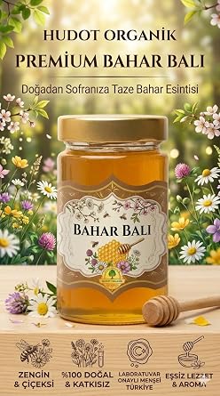 HUDOT Organik Bahar Balı 350 gr –%100 Doğal, Katkısız, Çiçeksi Aromalı Yayla Balı, Premium Cam Kavanoz
