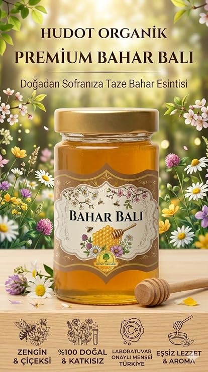 HUDOT Organik Bahar Balı 350 gr –%100 Doğal, Katkısız, Çiçeksi Aromalı Yayla Balı, Premium Cam Kavanoz