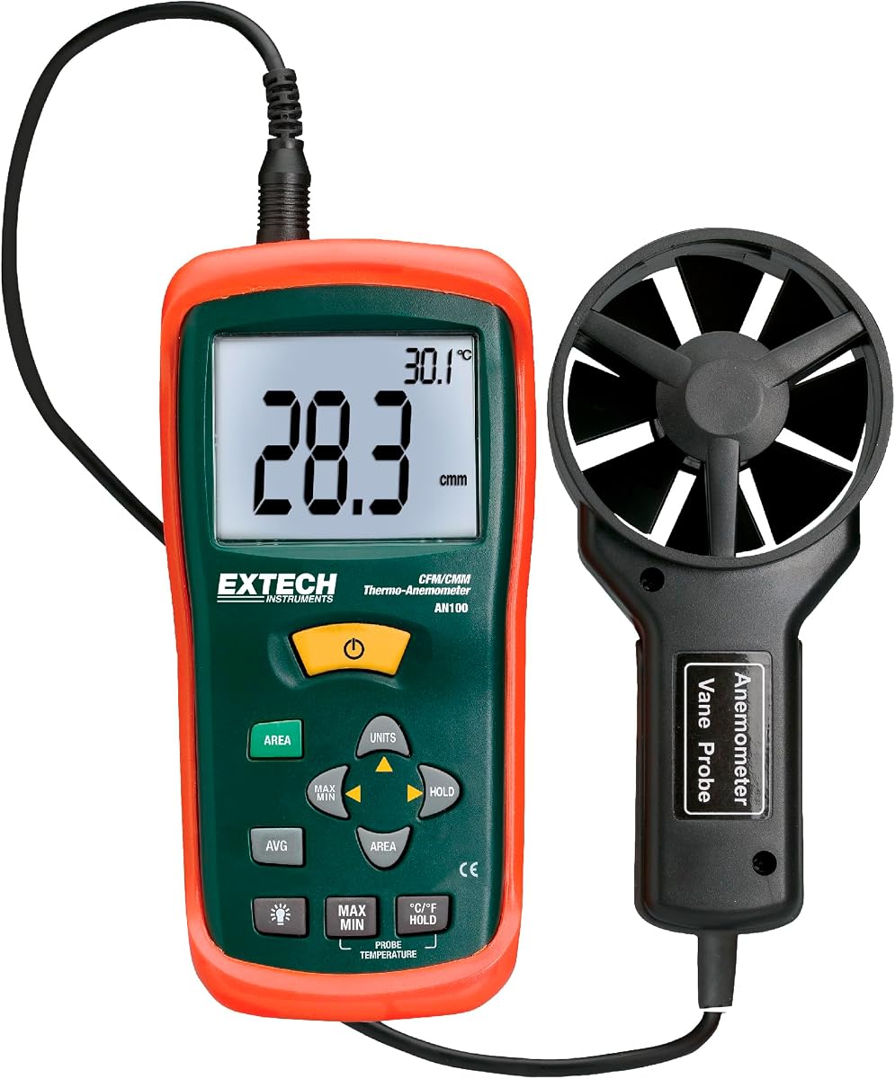 Extech AN100 CFM/CMM Mini Thermo-Anemometer, Air Flow and Velocity | Air flow CFM/CMM, air velocity, ambient temp, 20-point average, stored area dims, vane on 3.9ft cable