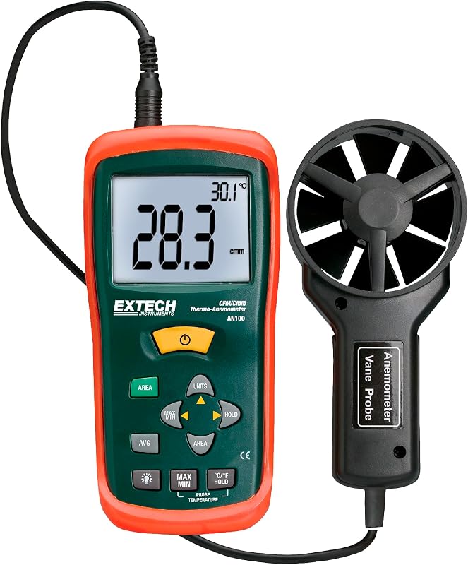 Extech AN100 CFM/CMM Mini Thermo-Anemometer, Air Flow and Velocity | Air flow CFM/CMM, air velocity, ambient temp, 20-point average, stored area dims, vane on 3.9ft cable