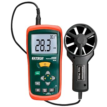 Extech AN100 CFM/CMM Mini Thermo-Anemometer, Air Flow and Velocity | Air flow CFM/CMM, air velocity, ambient temp, 20-point average, stored area dims, vane on 3.9ft cable