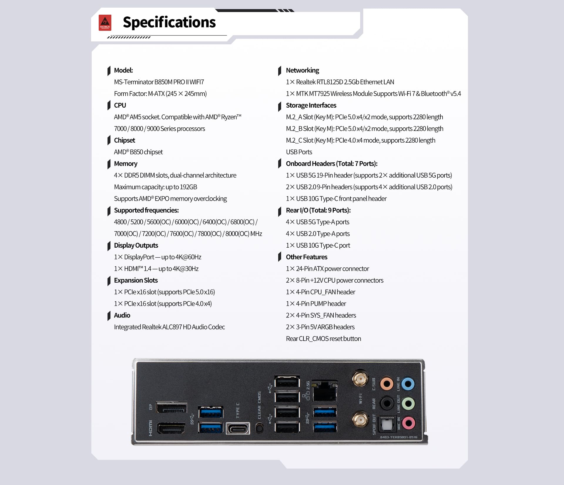 Maxsun MS-Terminator B850M PRO - Scheda madre WiFi AM5 | DDR5 8000MHz+ (OC), PCIe 5.0, 12+2+1 DrMOS Phase 50A, Triple M.2, Wi-Fi 6E, 2.5G LAN, Supporta AMD Ryzen 7000/8000/9000