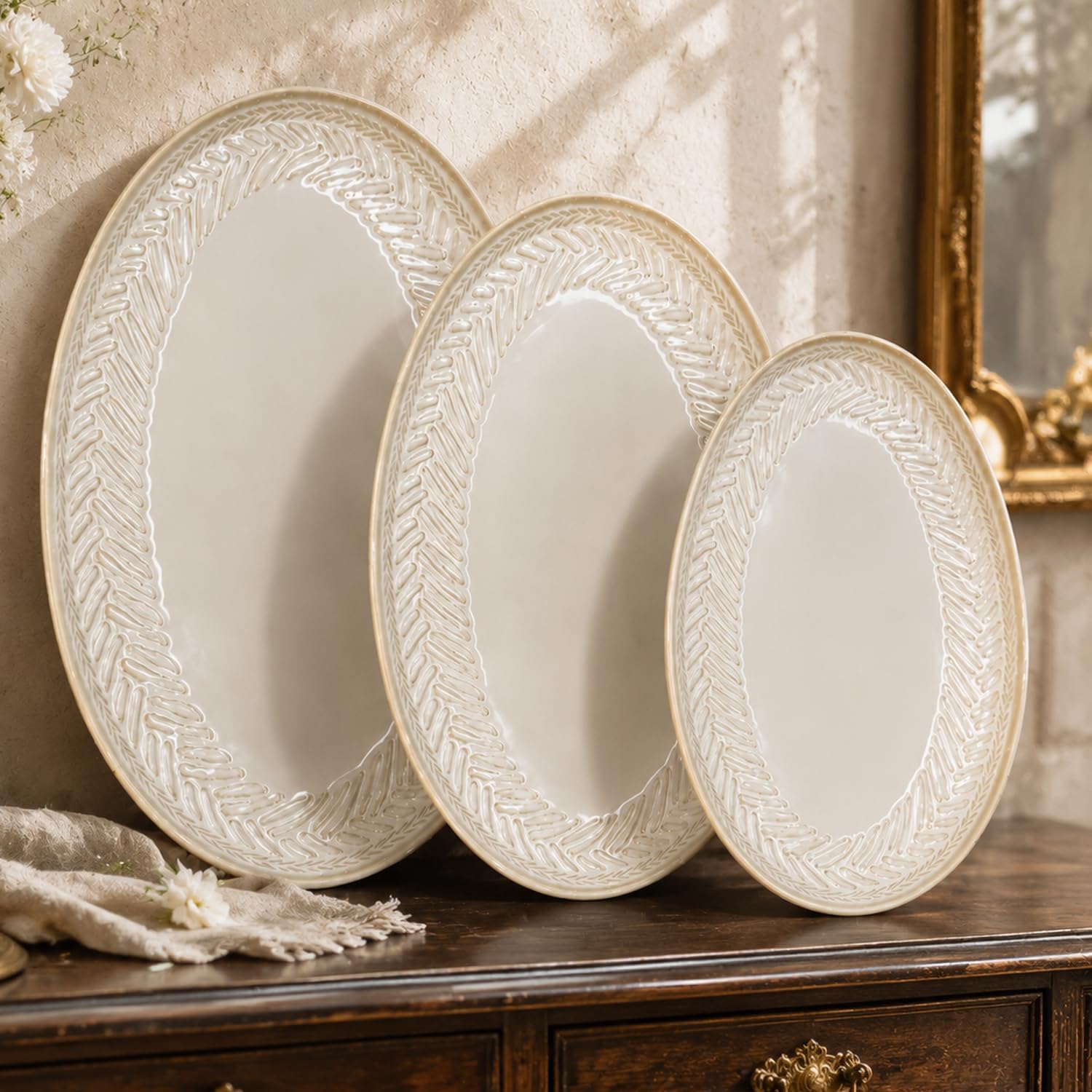 Ceramic Serving Platters & Trays Set of 3, White Oval Dishes