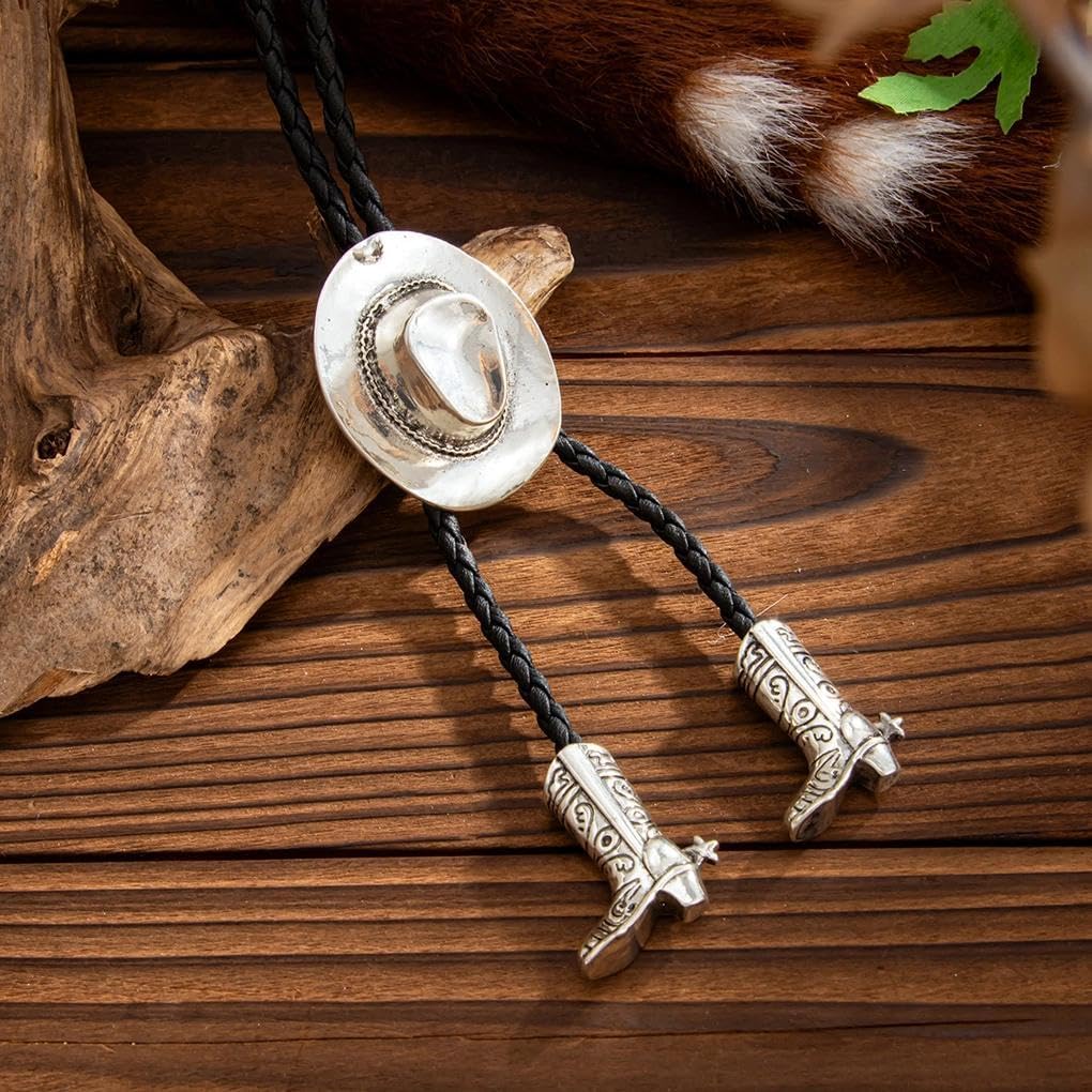 Antique Silver Western Ethnic Hat Boot Lariat Necklace,Bohemian Long Braided Rope Necklace Punk Party Trendy Jewelry Accessories Gift for Women