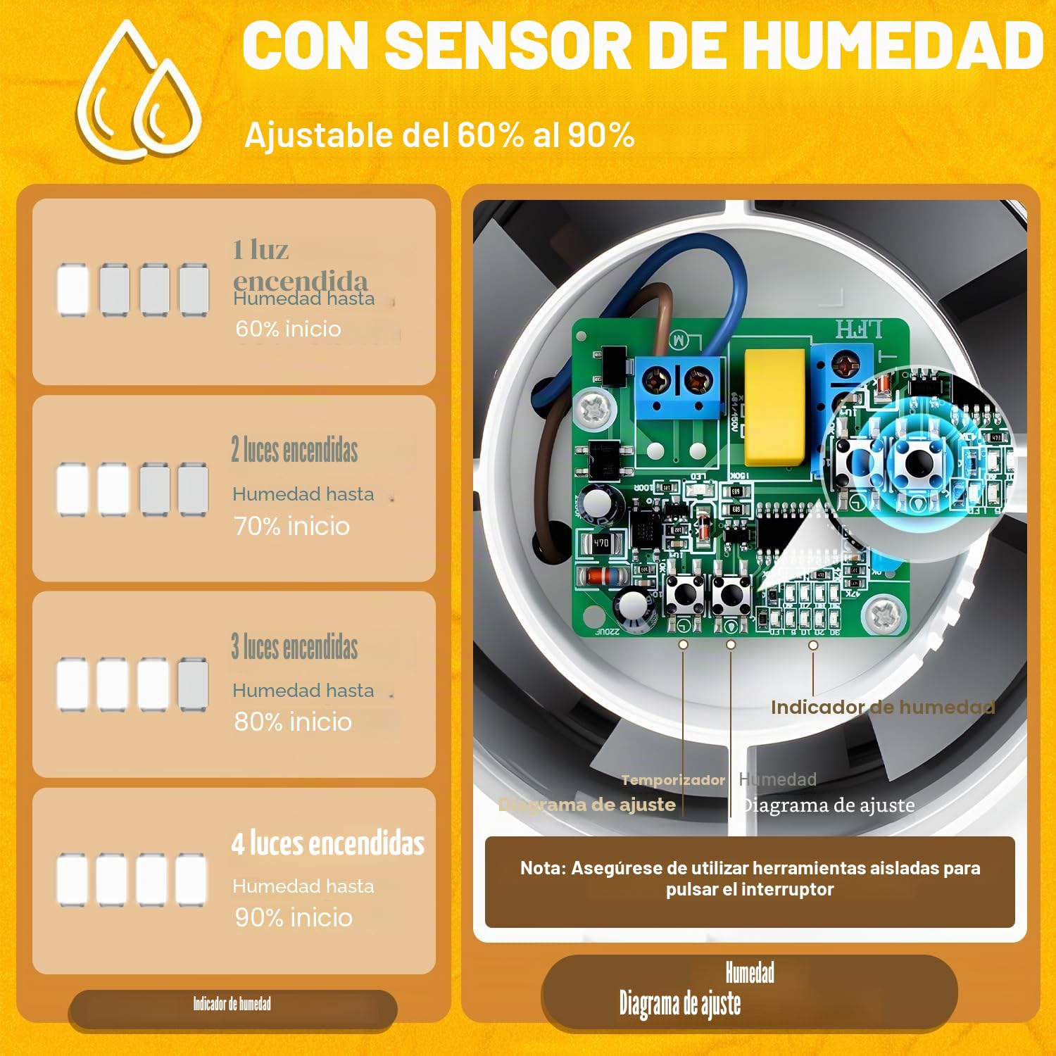 100 mm Ventilador Extractor de Baño con Sensor de Humedad & Temporizador, 95 m³/h Ventilador de Baño con Válvula Antirretorno,12W Ventilador Silencioso ≤34 dB para Cocina Baño
