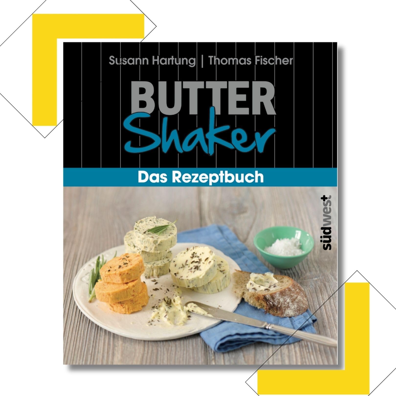 EINSTEIGER-Set für EINFACHES Butter Machen mit dem patentiertem Butter-Shaker (325ml) in GELB + kreativem Rezeptbuch (Verlag Südwest). Viele Neue Rezepte für Butter und Buttermilch