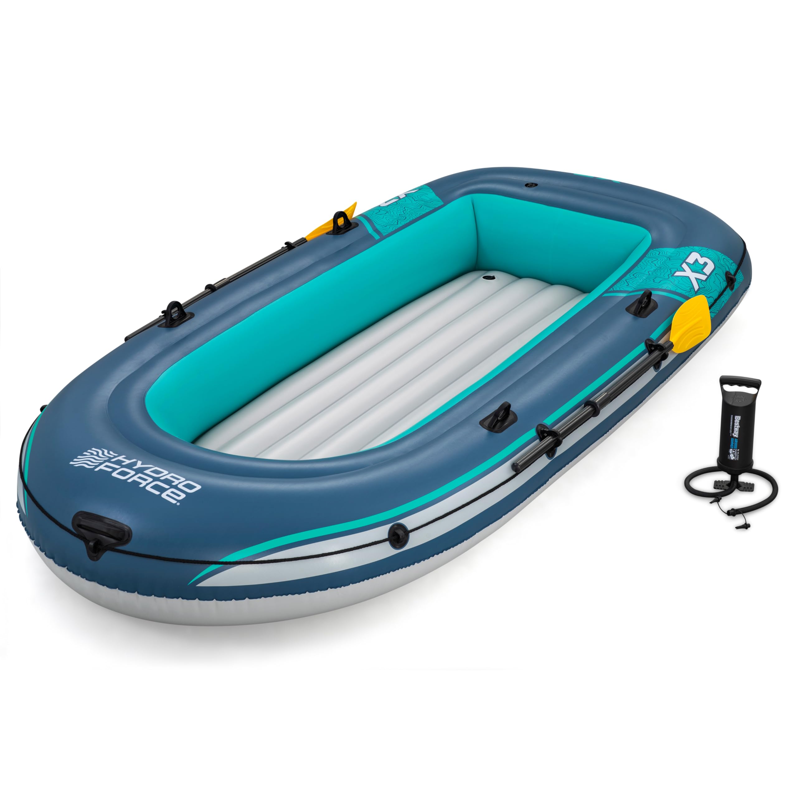 Bestway Hydro Force Schlauchboot-Set Trek X3, 294 x 137 x 39 cm, 2 Erwachsene, bis 360 kg, 3 Luftkammern, PVC, Ruderdollen, Tragegriff, Halteleine, aufblasbarer Boden, Pumpe, Ruder, GS-Zertifiziert