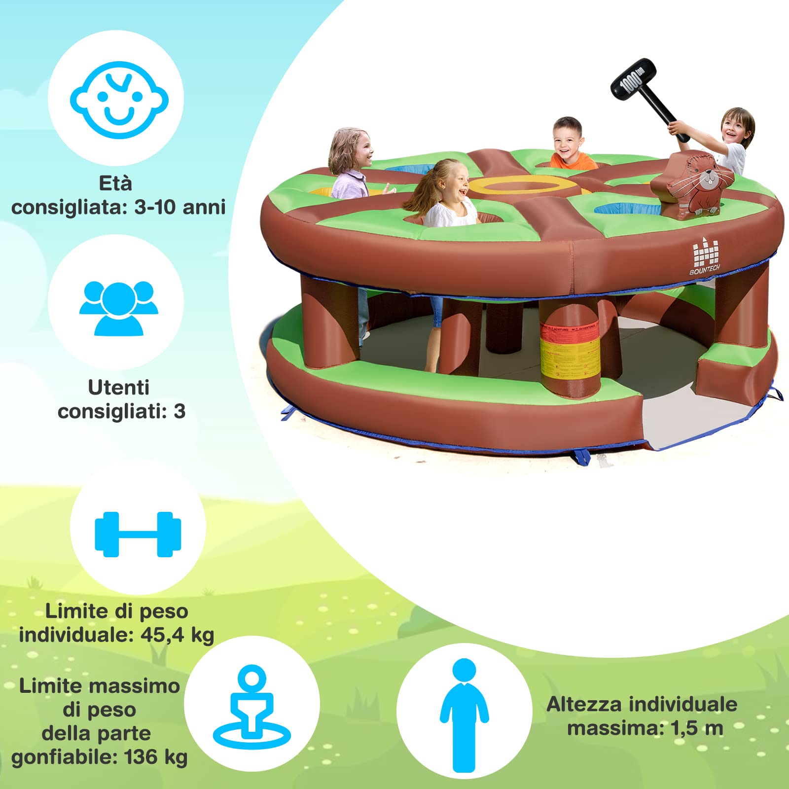 COSTWAY Giocattolo Gonfiabile per Bambini con Acchiappa la Talpa, Castello Gonfiabile per Bambini con Soffiatore, Borsa di Trasporto e Kit di Riparazione, 3-10 anni, 256 x 256 x 120cm