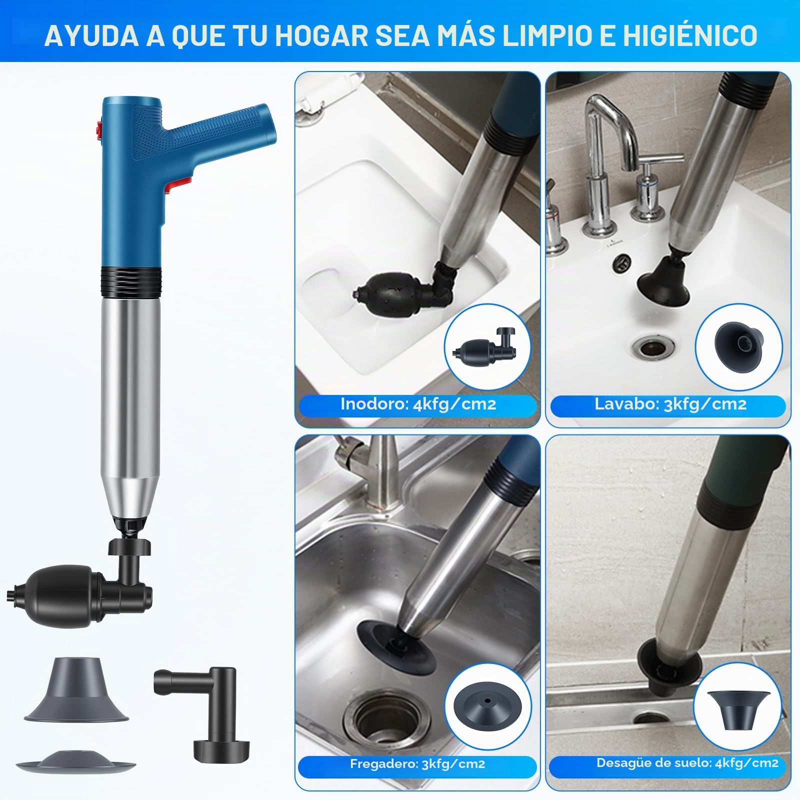 Desatascador Tuberías WC, Desatascador eléctrico, Desatascador de Tuberías de Alta Presión con Manómetro, para Inodoro, Lavabo, Fregadero, Ducha y Bañera