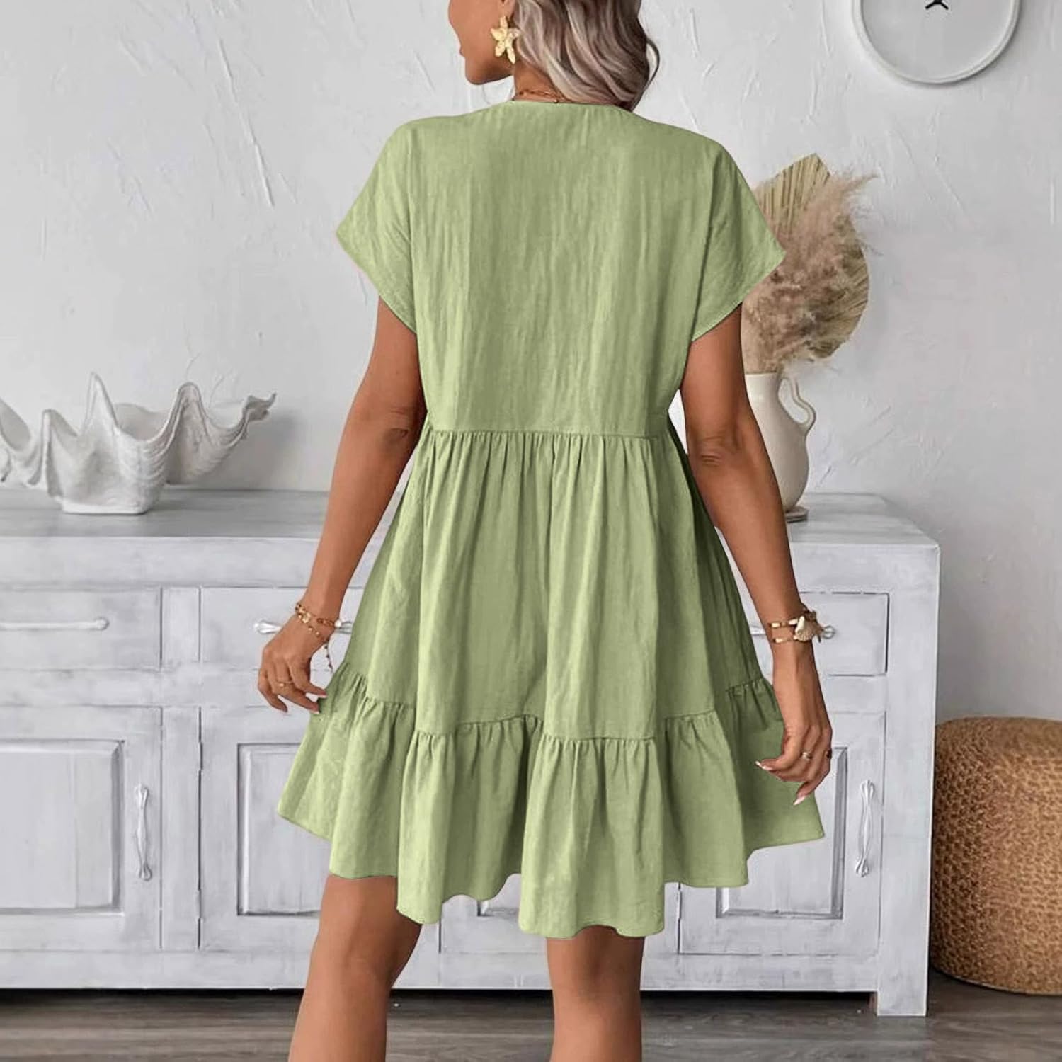 Women's Deep V Batwing Sleeve Dress Ruched Ruffle Hem Cotton Linen Dress Loose Fit Fashion Casual Mini Dress 2026