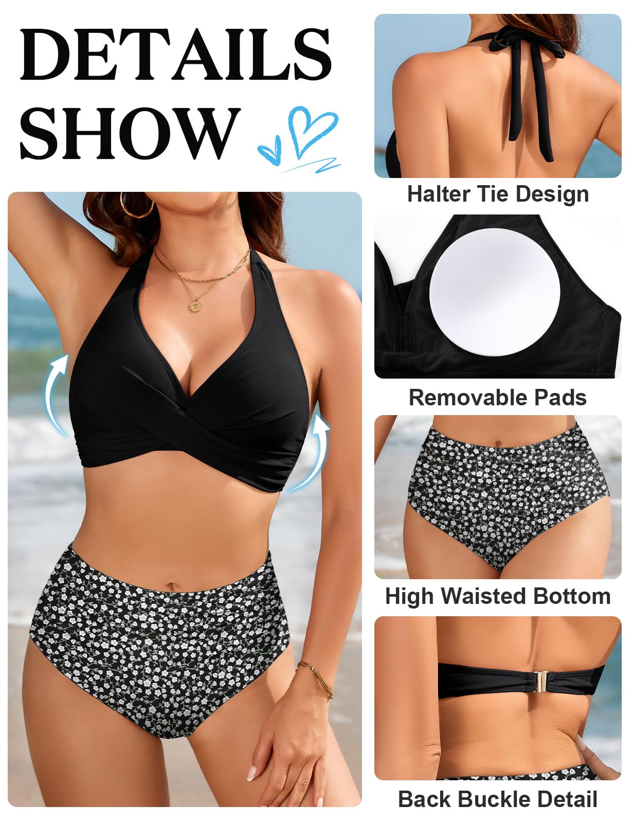 UMIPUBO Costume Donna Due Pezzi Bikini Vita Alta Pancia Pieghe Collo A V Collo Halter Sexy Schiena Nuda Contenitivo Curvy Modellante Push Up Con Coppe Stampa Minifloreale Mare Costume Da Bagno
