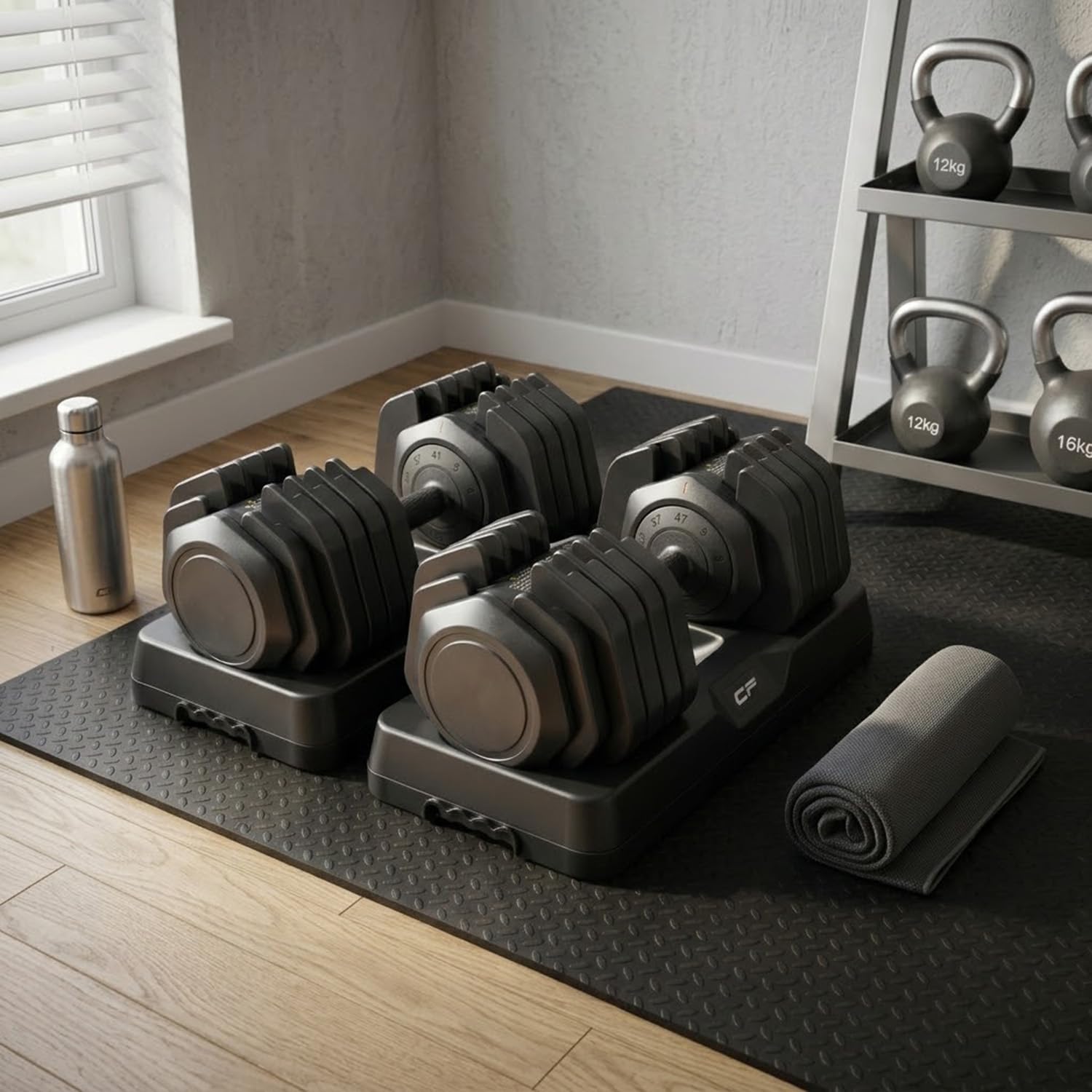Clover Fitness Set di 2 manubri regolabili da 5 a 41 kg, per palestra a casa, regolazione rapida, design compatto con basi incluse