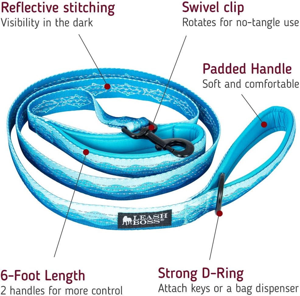 Leash Boss Chain Martingale Patterned Reflective Collar and 6 Ft Double Handle Leash with Padded Handles, Small Collar 12-14.5" Neck, Blue Wave Pattern