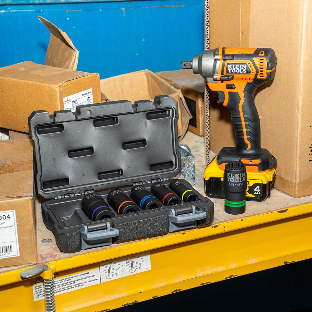 Klein Tools 66090 Zestaw nasadek udarowych 1/2 cala, konstrukcja szczelinowa 2 w 1, 12-punktowe głębokie nasadki, do kluczy udarowych, zawiera walizkę narzędziową, 6-częściowy