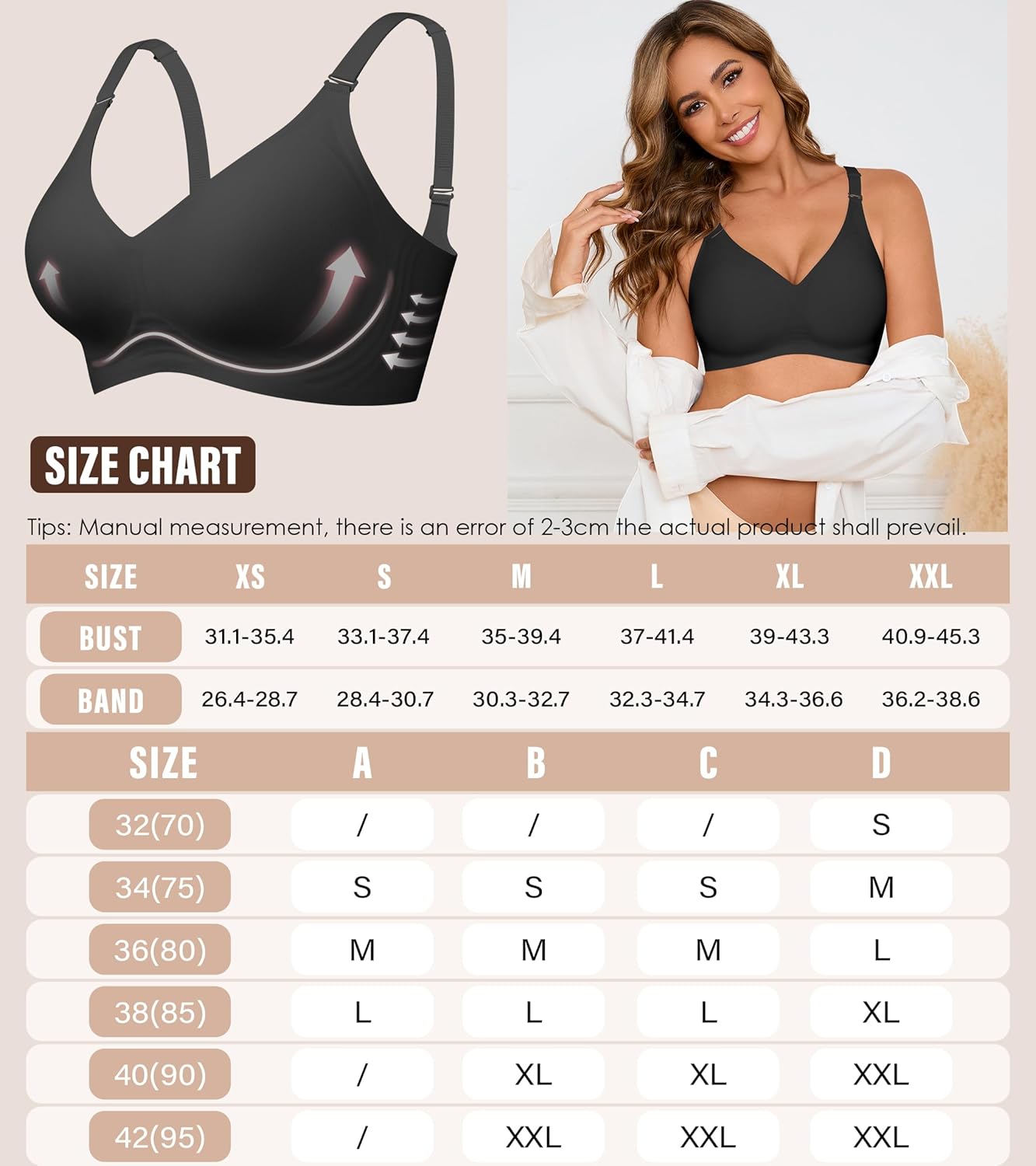 DEANGELMON Push Up Bras for Women No Underwire Comfortable Seamless Supportive Bralettes V Neck Full Coverage Bra Black X-Large - Image 6