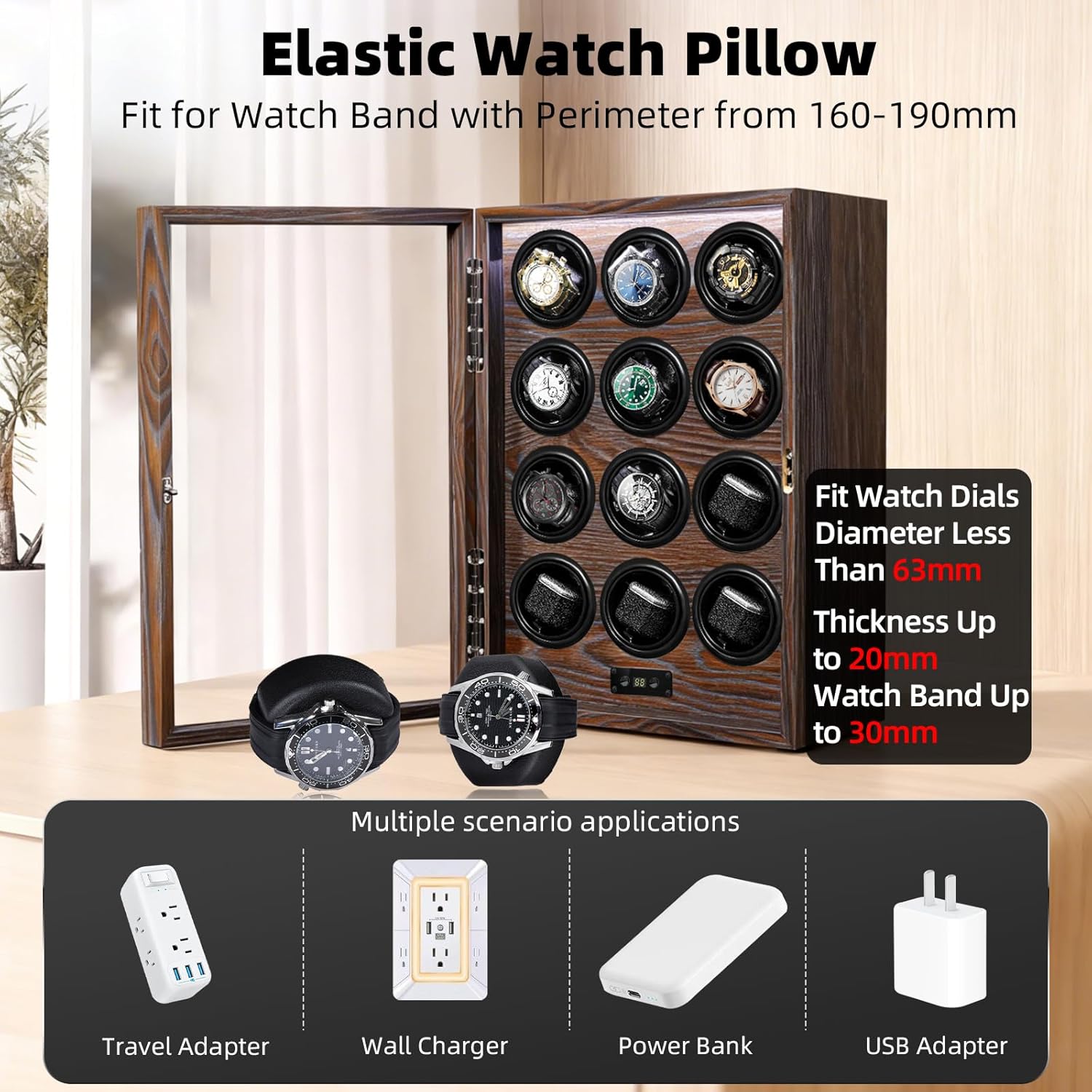 Watch Winder for 4/6/8/9/12 Automatic Watches, Watch Rotator for Rolex 15 Rotation Modes Box with LED Light, Watches Winder Case AC/USB Powered Present for Men Quiet Mabuchi Motor