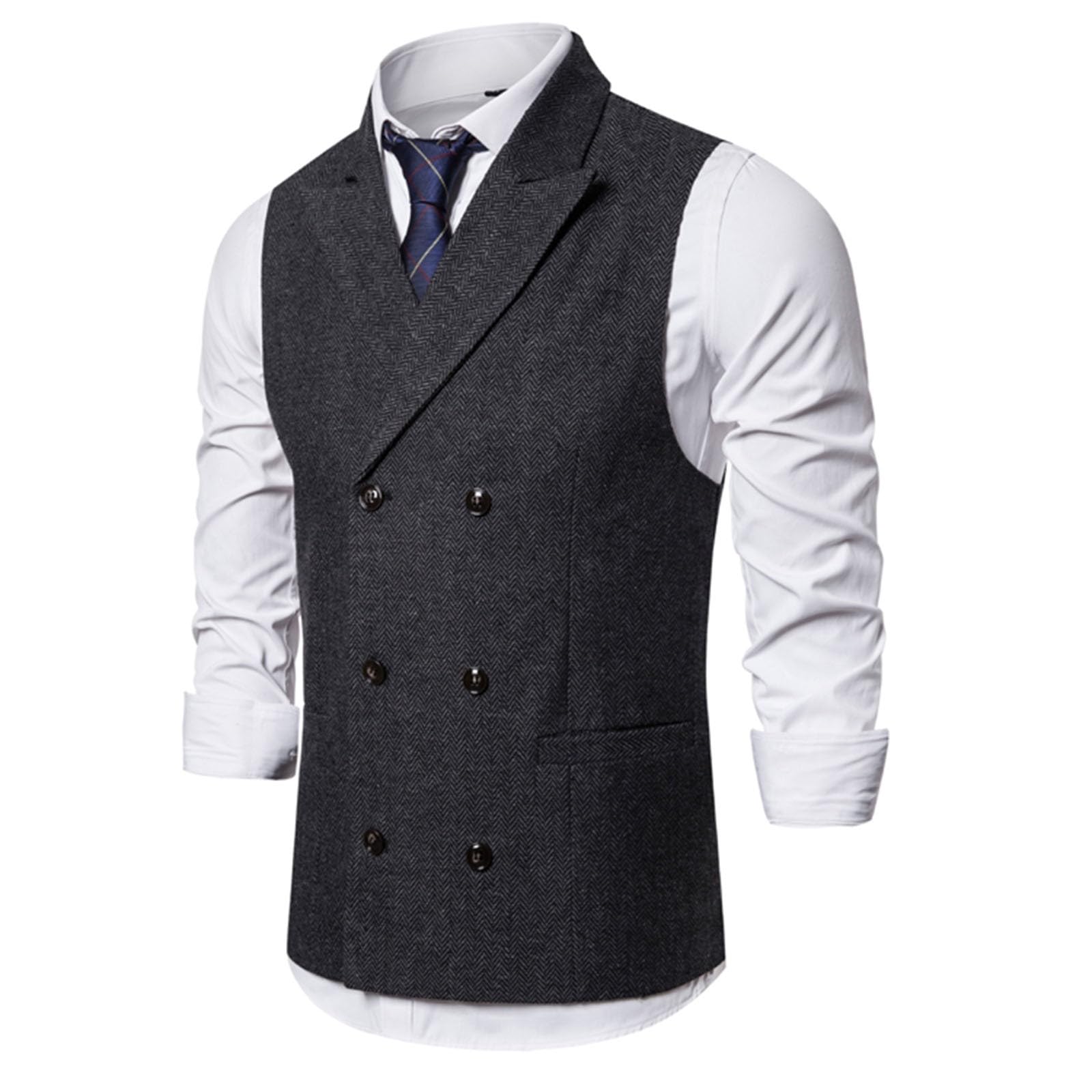 Gilet da uomo in tweed doppiopetto, slim fit, formale, senza maniche, con cinturino posteriore regolabile, design a spina di pesce, gilet in tessuto di alta qualità per occasioni eleganti casual e