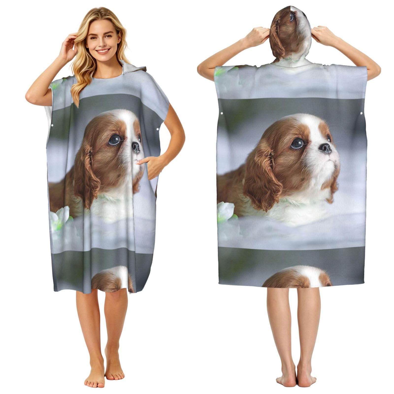 Poadnly Cavalier King Charles Spaniel Face, Adult Hooded Beach Towel 90 x 110 cm,Changing Bath Robe, Surf Poncho Towel For Women Men