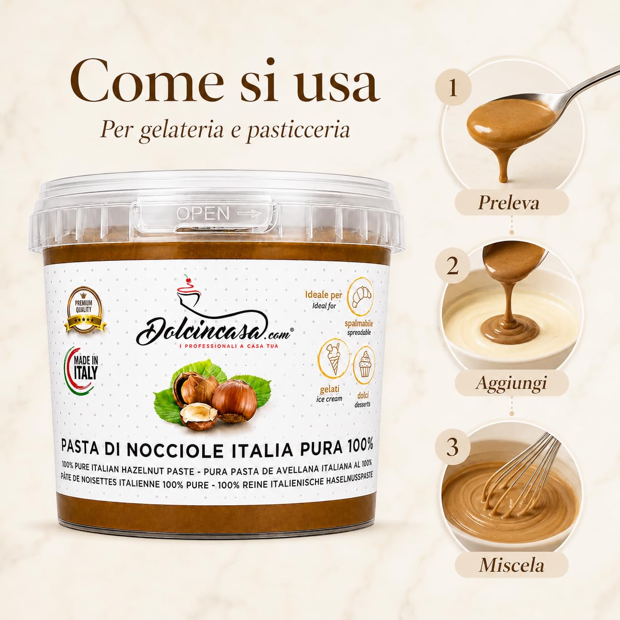 Dolcincasa-com Pâte de Noisettes Torréfiées 100% Pure Crème à Tartiner pour Glace Café et Diverses Utilisations en Confiserie Décorations Remplissages Sans Gluten sans Epaississants 500 Grammes