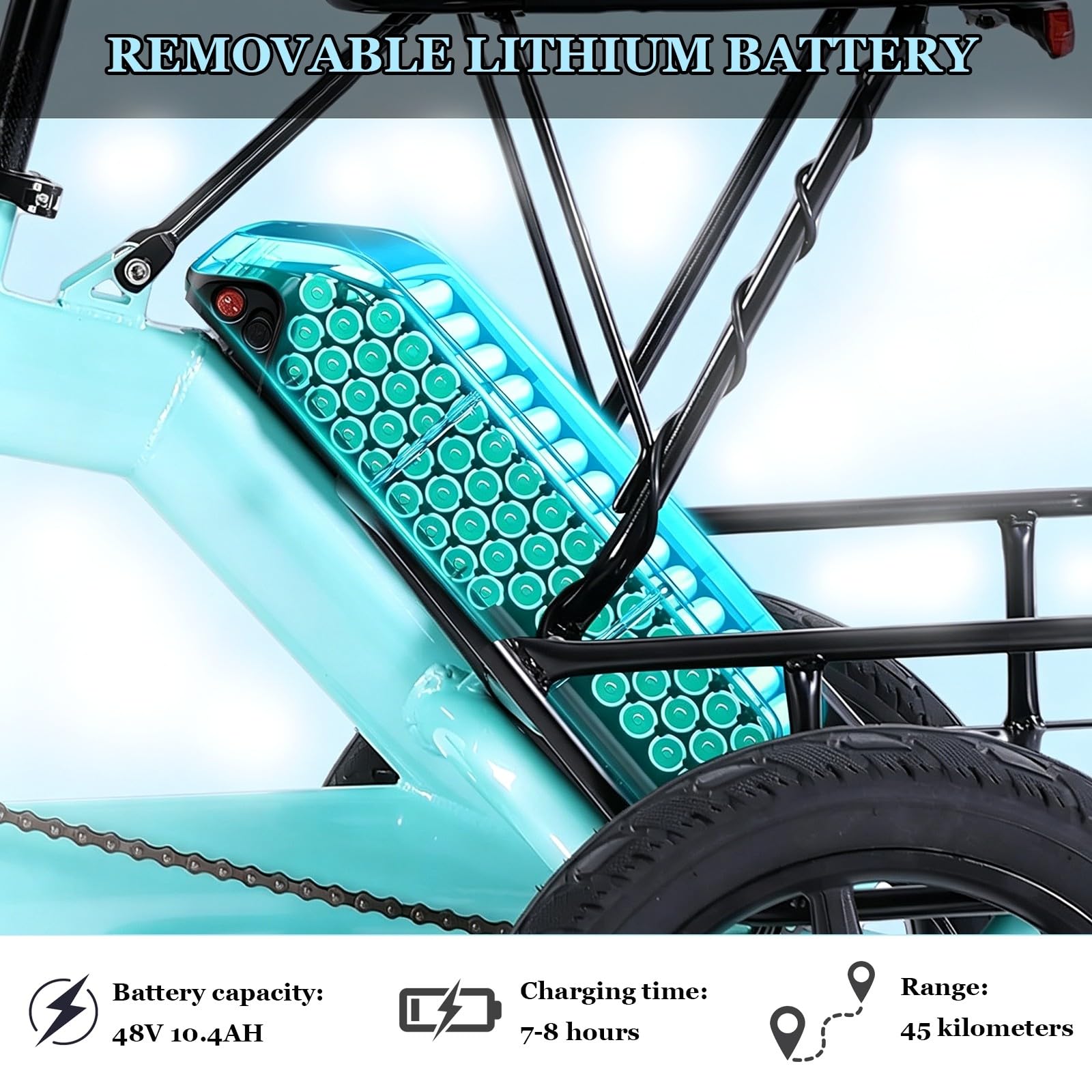 Tricycle électrique Adulte 48V Pliable, vélo Cargo, Batterie Amovible, Freins à Disque Doubles, Suspension, Panier Avant, Porte-Bagages arrière, Bleu