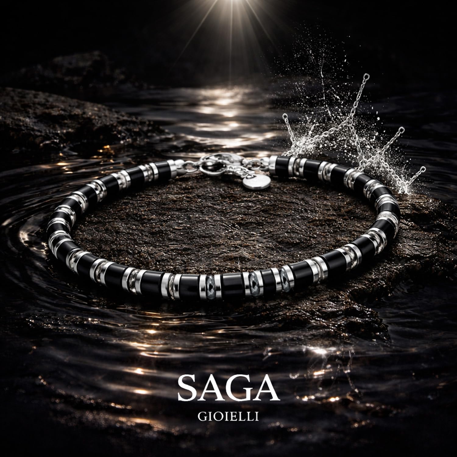 SAGA GIOIELLI® Bracciale Uomo Rondelle Pietre Dure Acciaio (ONICE E CRISTALLI)