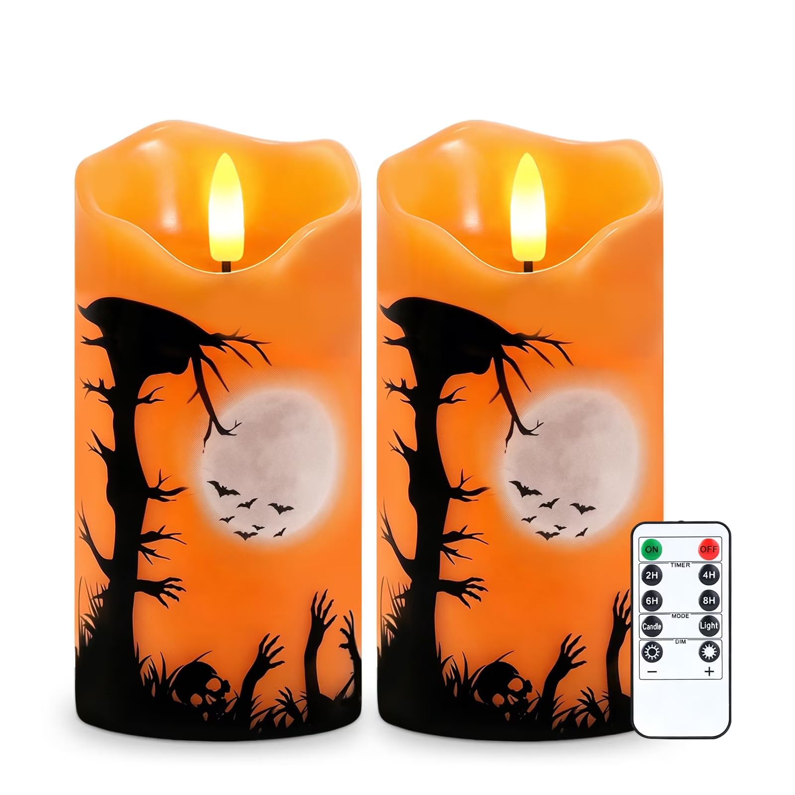 AVEKI Flameless Candle Light, Set of 2 6"x3" Flickering Christmas Flameless Candles with Remote & Timer, Dimmable Real Wax Pillar Candles Battery Operated, Decor for Home Xmas (Orange-Tree)